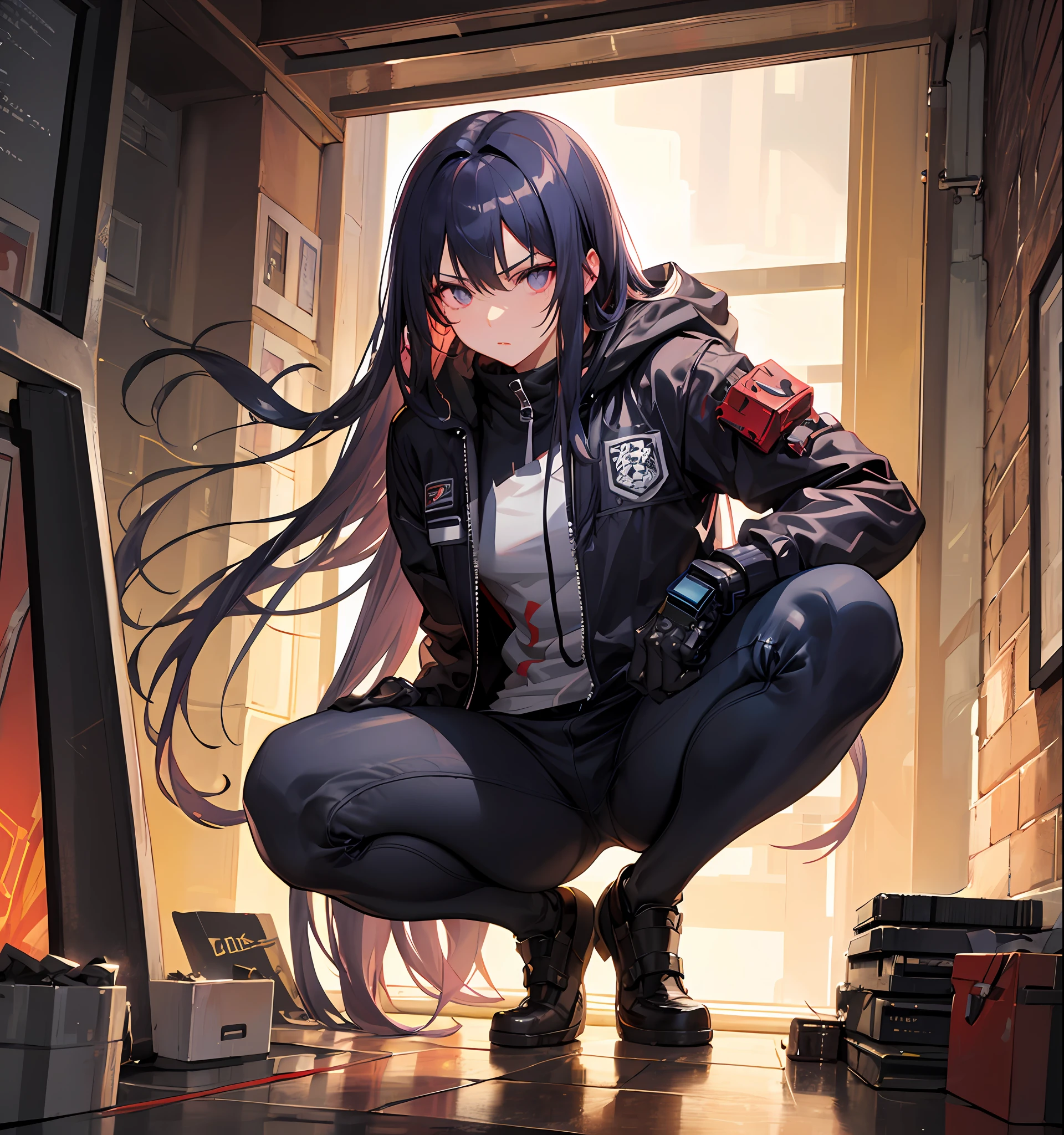 Don Dao,preparing to fight,Killing intent,High combustion,Handsome and cold,modern day,cyber punk perssonage,Prepare to pull out the knife,Squat,long whitr hair,Jun Leng