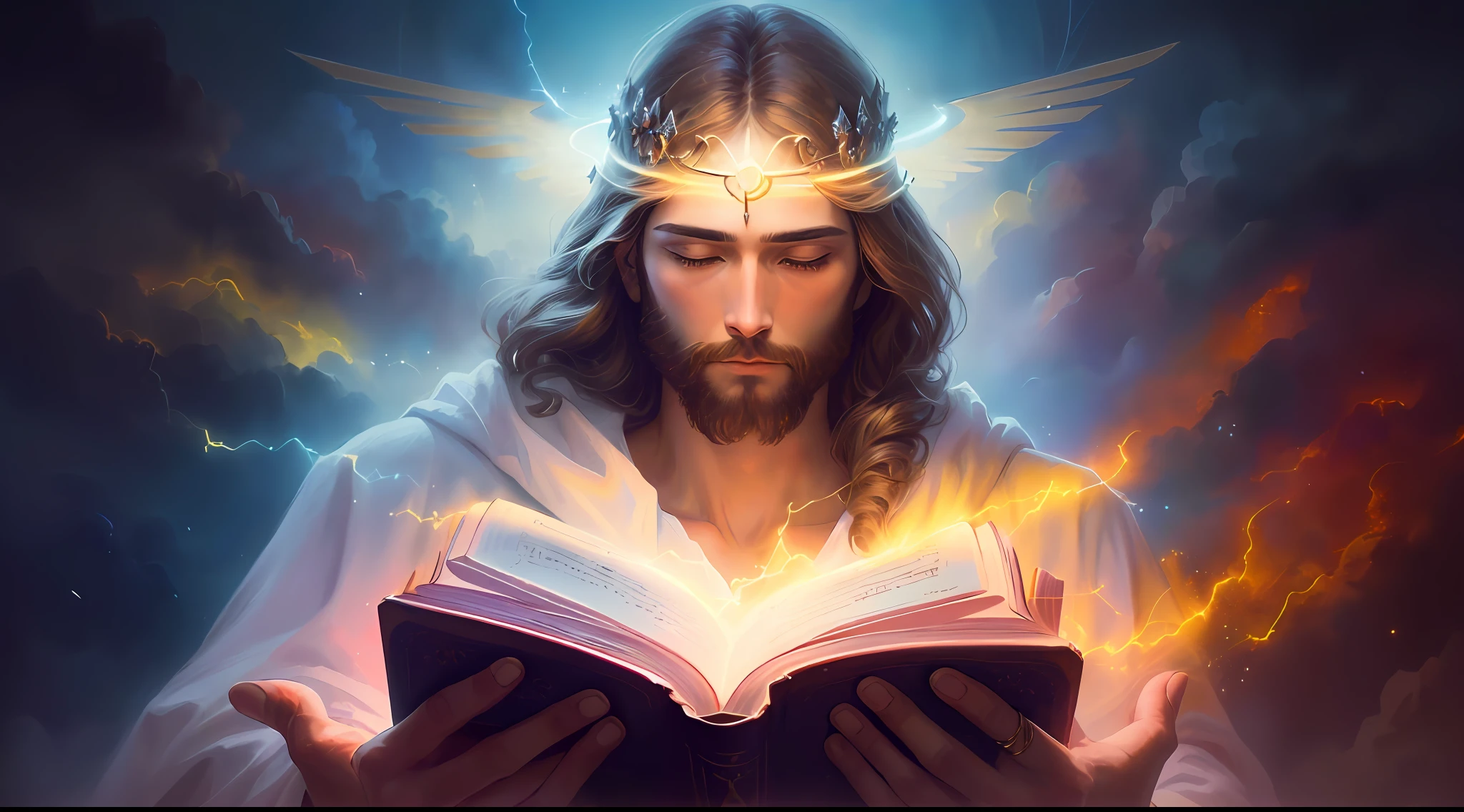 A painting of Jesus reading a book with a shining halo, bible illustration, holy fire spell art, O Senhor e Salvador, Jesus Cristo, imagens religiosas, sua mente contemplando a eternidade, holy flame spell, glowing halo above his head, beautiful depiction, imagens sagradas, arte conceitual de deus, Directed by: Aleksander Gierymski, artistic depiction, Raios de Luz Sagrada Sagrada