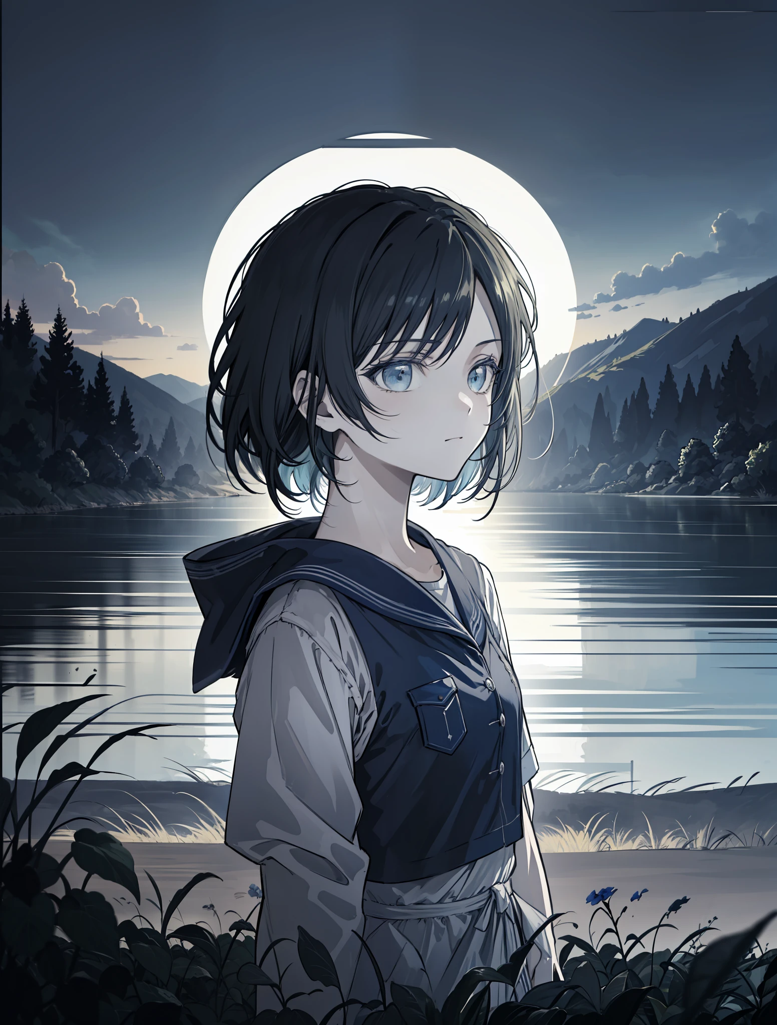 Phblue, landscapes, No humans, landscapes, (​masterpiece,top-quality:1.4), Blue theme, 城市, evening, 1girl in, Sateen,cowboy  shot, a closeup,cool,glaring