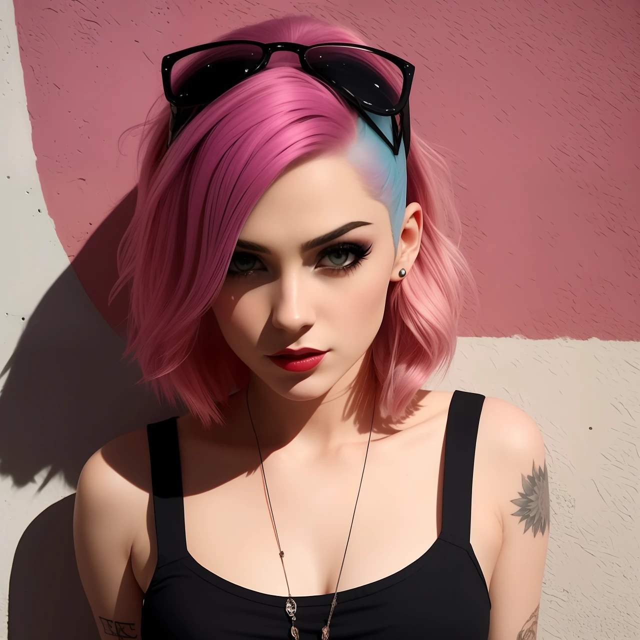 masterpiece, fotografia dslr de una punk-rock girl, con tatuajes y chaqueta de cuero estilo punk rock, cabello rosado corto, rapado de los lados, mohawk, piel blanca, americana, divina, radiante, belleza angelical, cara hermosa, ojos detallados, labios carnosos, rasgos muy finos, rasgos femeninos,maquillaje natural, maquillaje de ojos negro, piel radiante, encantadora, Incredibly realistic, agresiva, desafiante, rebelde, american punk rock girl, tan bella y hermosa como un angel, tank girl,delgada, iluminacion cinematica, sunset, los angeles city,