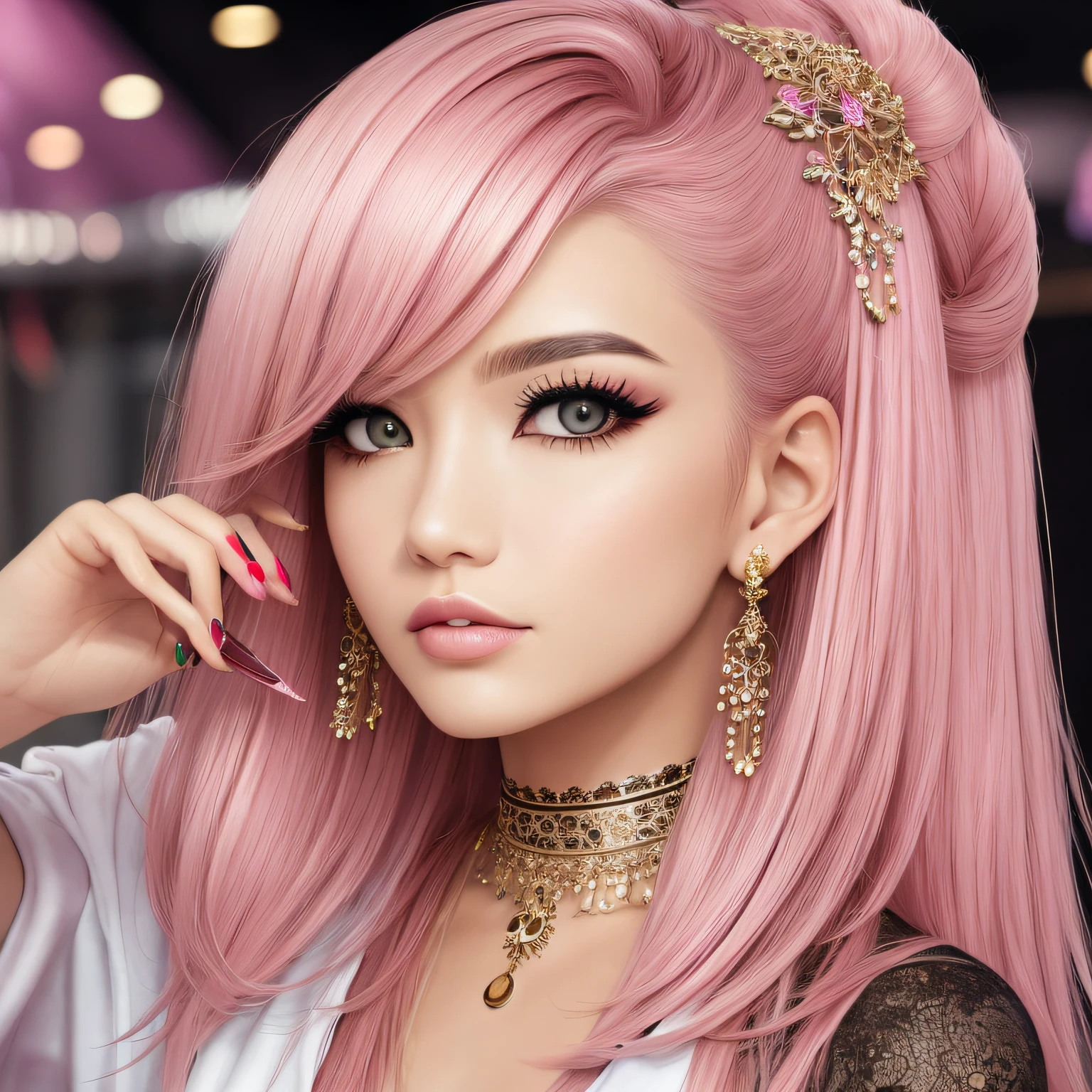 cabelos longos, Asian, Borrada, maduro, Accessories, nail polish, colar, cosmetics, piercing no umbigo, unhas pretas, mangas compridas, ornamento de cabelo, orelhas de animais, sombra, piercing na orelha, cabelo rosa, grampo de cabelo --auto