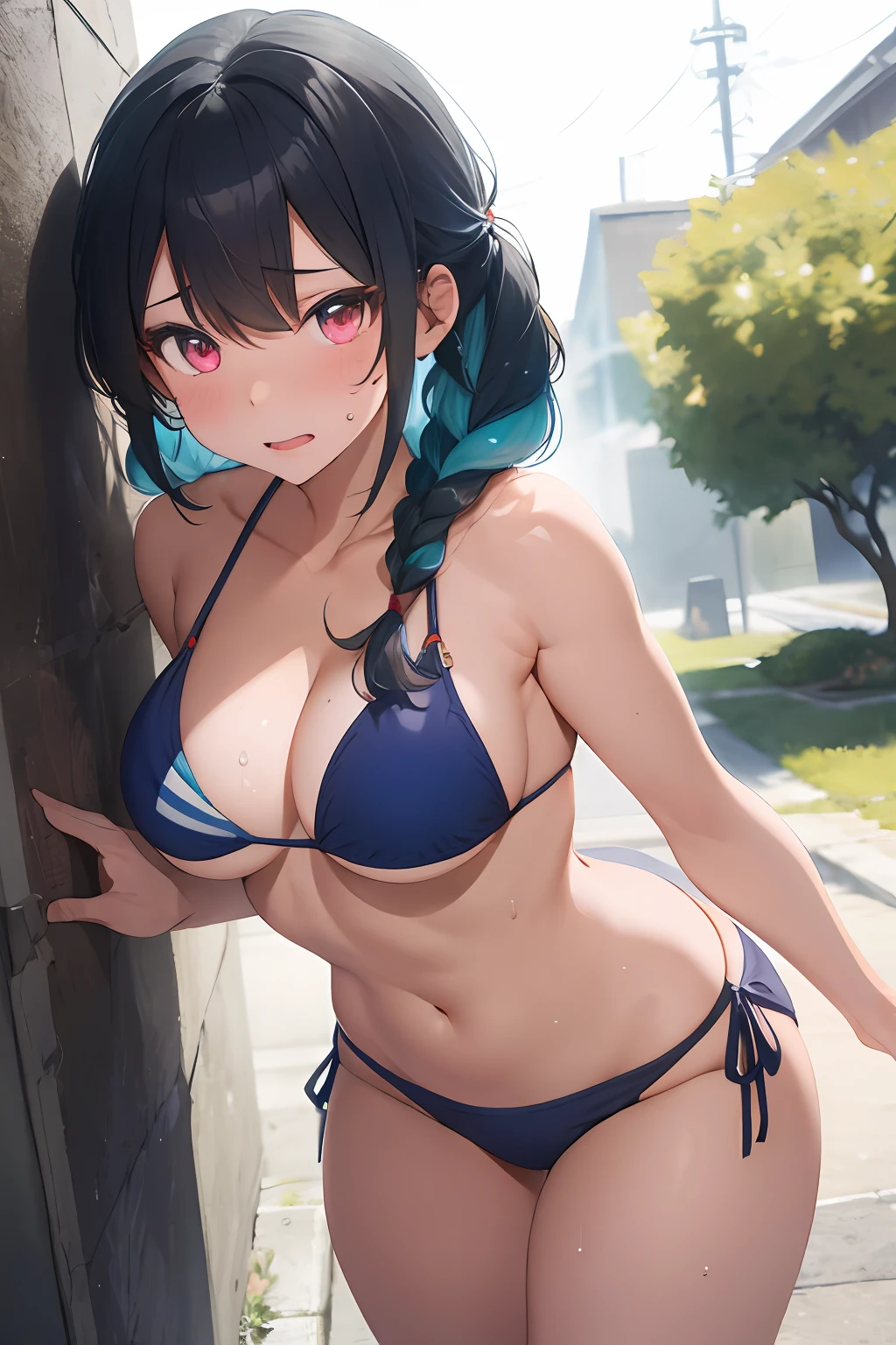 masterpiece:1.5, best quality:1.2, hentai,1girl,aqua hair,blush,breasts,glowing eyes,medium breasts,(naughty face),sweatdrop,trembling, sweat, bare shoulders, collarbone, narrow waist, heart, arcane, microbikini, bikini, tyrande, twin braids