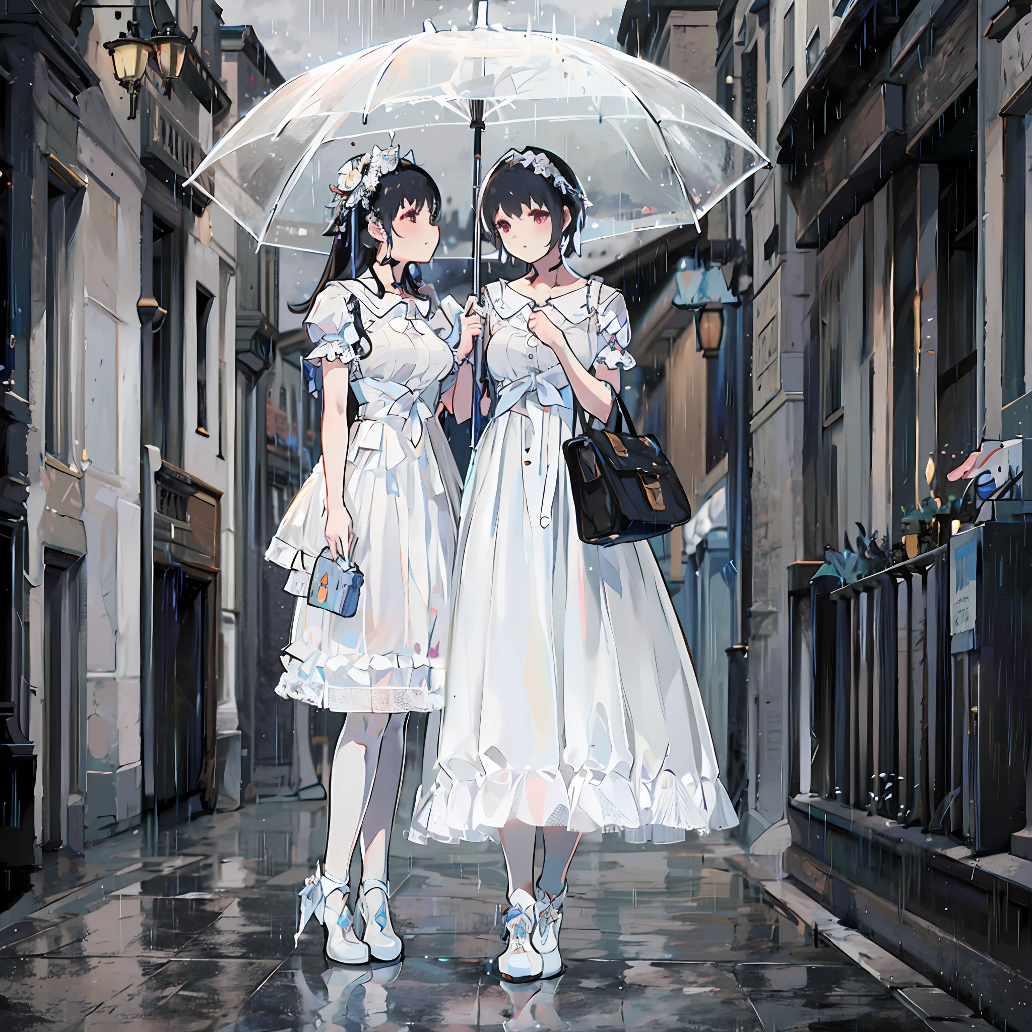 ((Two Victorian maidens+Arm in arm:0.8+leg loops:0.7)Leaning against each other under umbrellas),(White stockings+White Lolita Maiden in the Rain),Black bag:0.9，It was dark，The town is blurred，The clouds seemed to be falling。 --auto