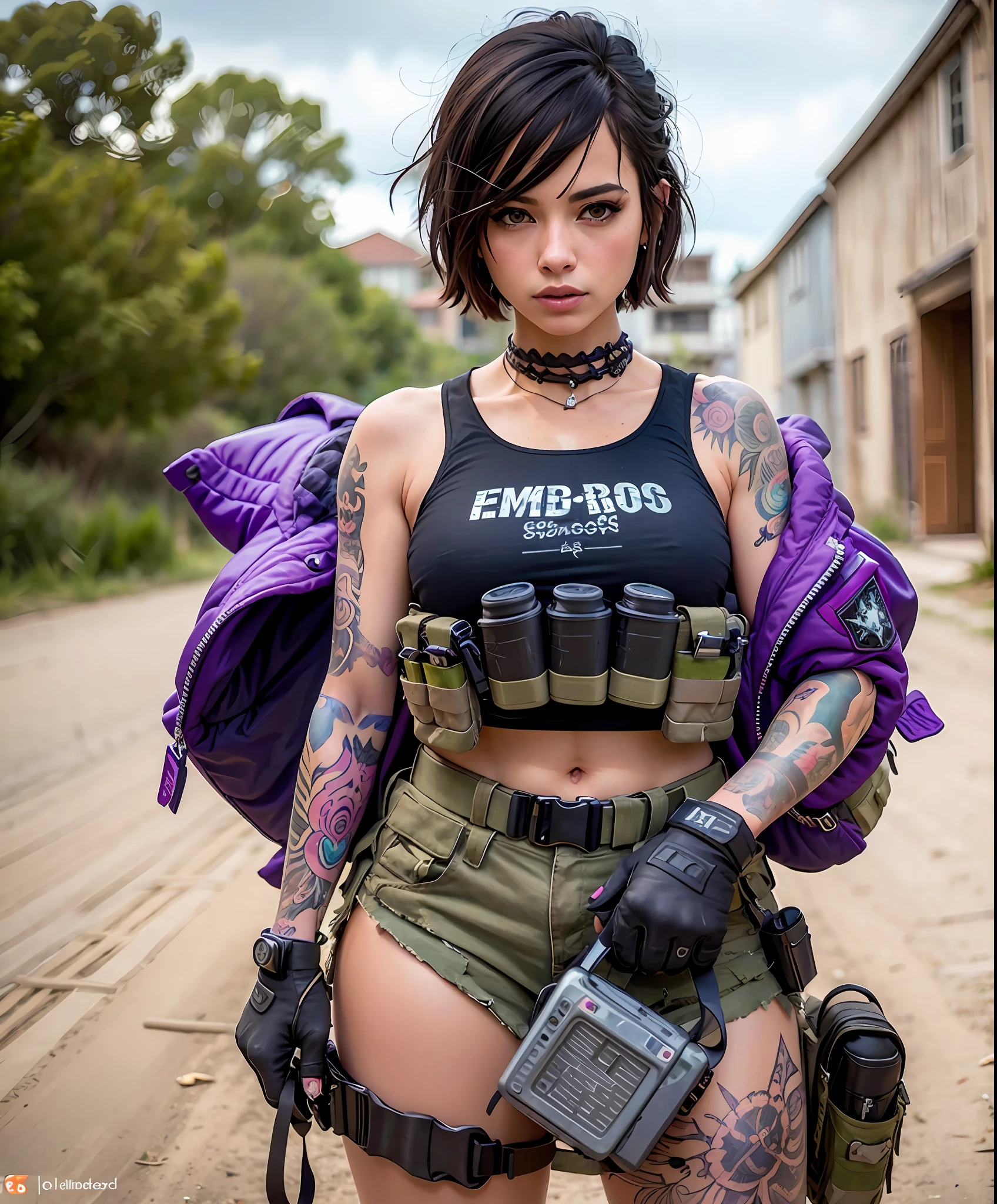 ((Toma de retrato)) Tacticool, Hermosos dedos,Dedos detallados,Mujer, Cara europea, tank girl style, punk-rock girl(pelo corto purple and pink: 1.5), heavily tattooed, rebelde, agresiva, encantadora,alternative girl,falda militar,(Oeste: 1.2), Ametralladora en manos,militar, 4k, High resolution, Obra maestra, La mejor calidad, (cabeza: 1.3), cuero finamente detallado, escote, Gran cerezo en flor.falda,Lean towards the viewer