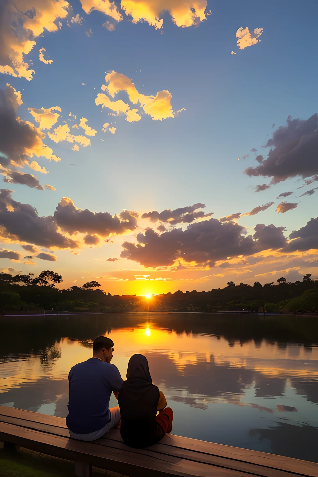Imagem de duas pessoas sentadas em um banco a beira de um belo lago, visto de costas, tarde de outono, sun sunset, tranquilidade, Special lighting, FHD