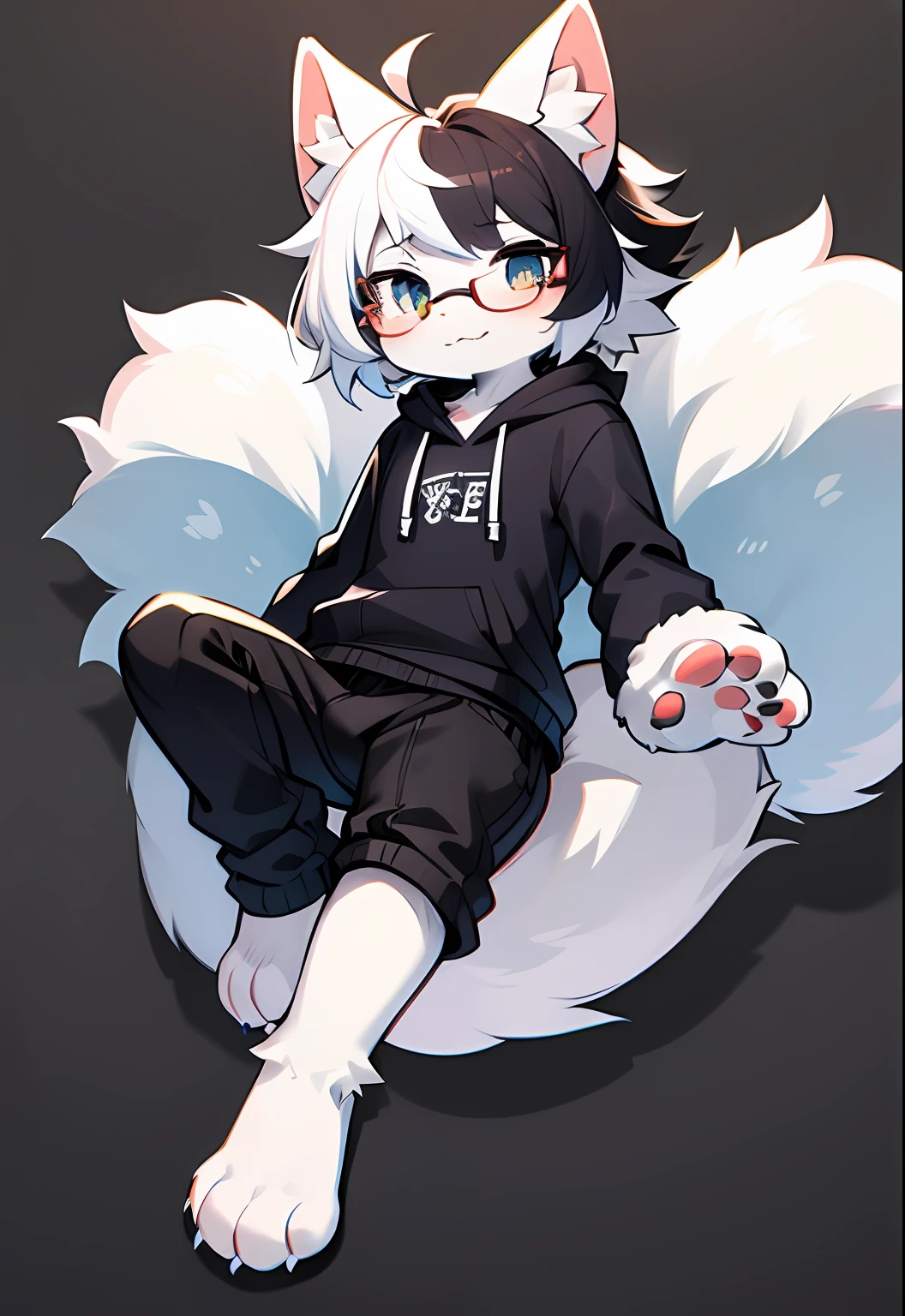 best qualtiy，hairy pubic，Ultra-fine fur，黑The eye，独奏，shaggy male，underage，Full Body Furry，Fluffy fur，Black color hair，White paws，Blue-white fur，Dark blue sweatshirt，Long black pants，grey ears，Gradient hair，multicolored hair，Black glasses，Fluffy tail，red striped，short detailed hair，Blunt bangs，hooding，Nudy，hyper cute face