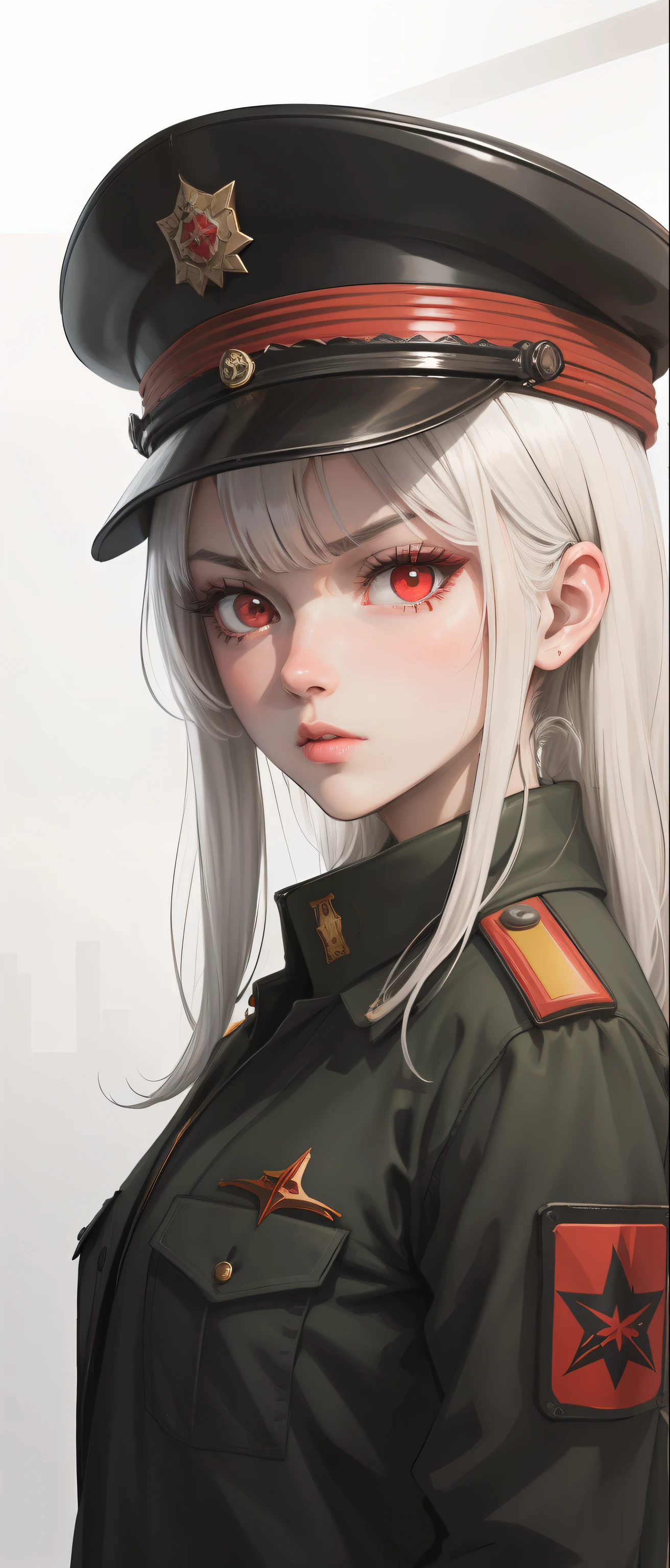 Soviet military cap red eyes, white hair, bangs, glowing eyes, serious, ray tracing, first-person view