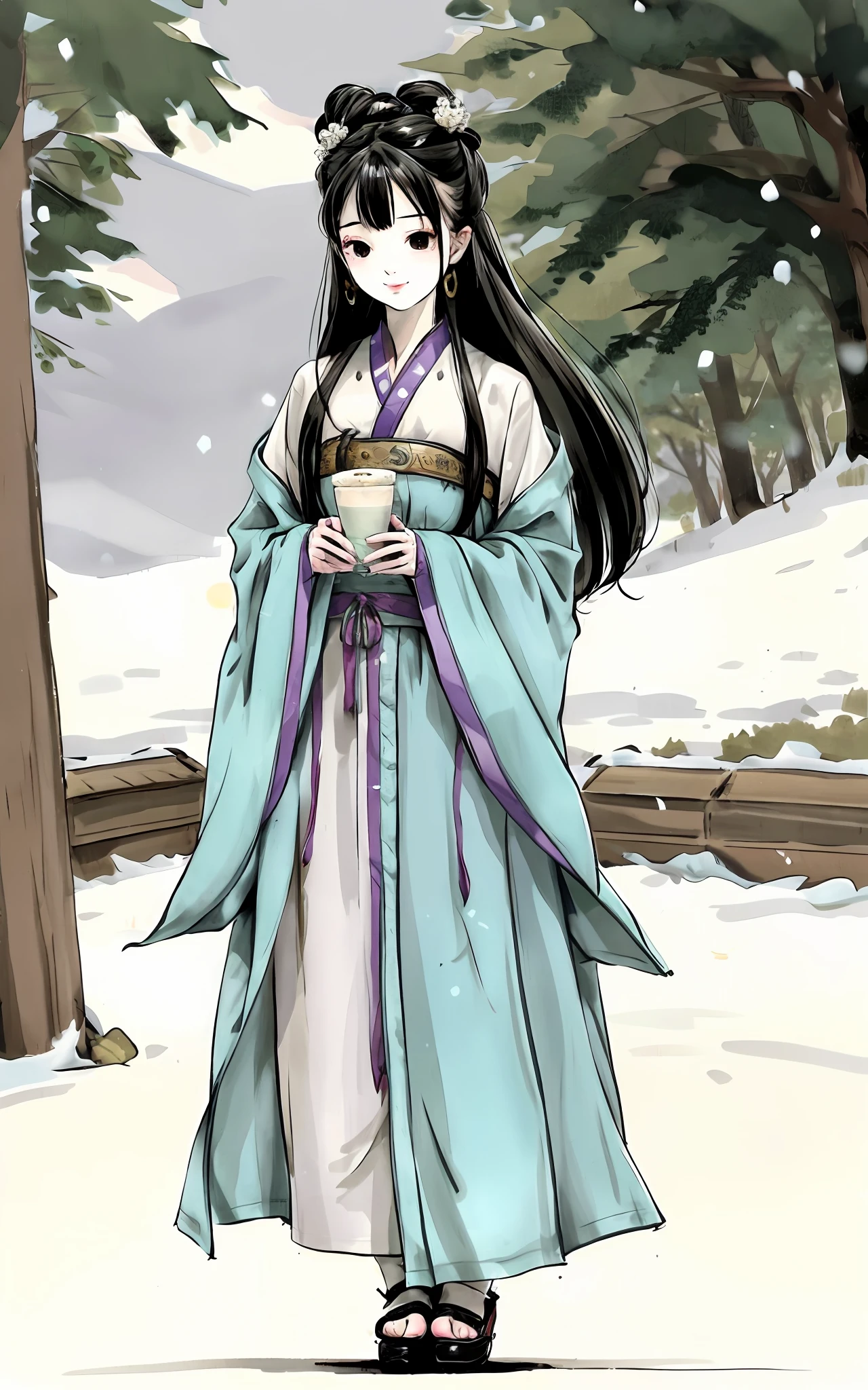 Shuke walking horse, negative space, , shuimobysim, Statue of a woman,, (tmasterpiece, best qualtiy:1.2), Traditional chinese painting, Model style, placid, (ssmile), looking at viewert, Wearing a long Han costume, Hanfu,song,Snowy mountains in the background,The five permanent said,Hold a milk tea cup in your hand