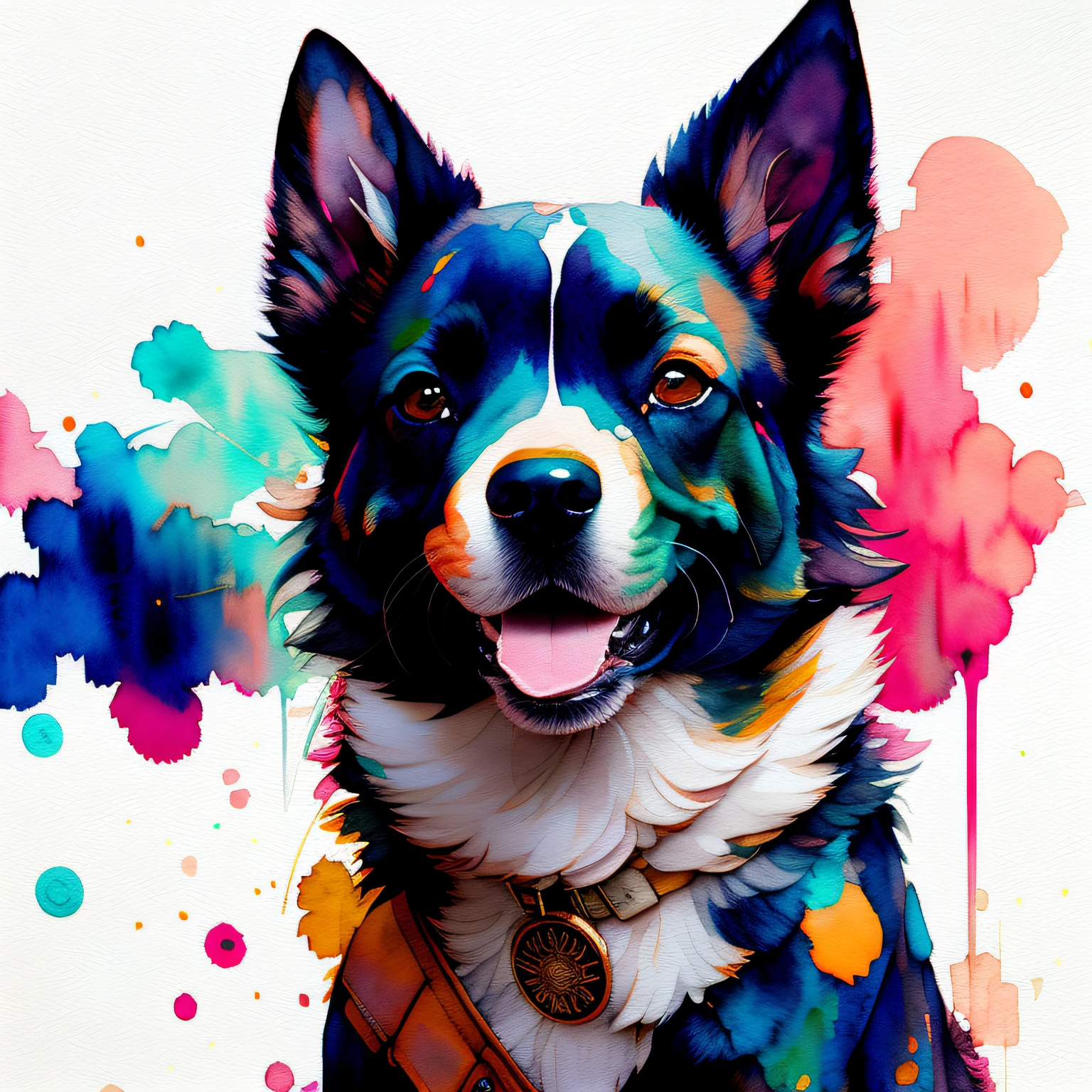 wtrcolor style, Digital art of (dog character), official art, frontal, smiling, masterpiece, Beautiful, ((watercolor)), face paint, paint splatter, intricate details. Highly detailed, detailed eyes, [dripping:0.5], Trending on artstation, by Rachel Walker