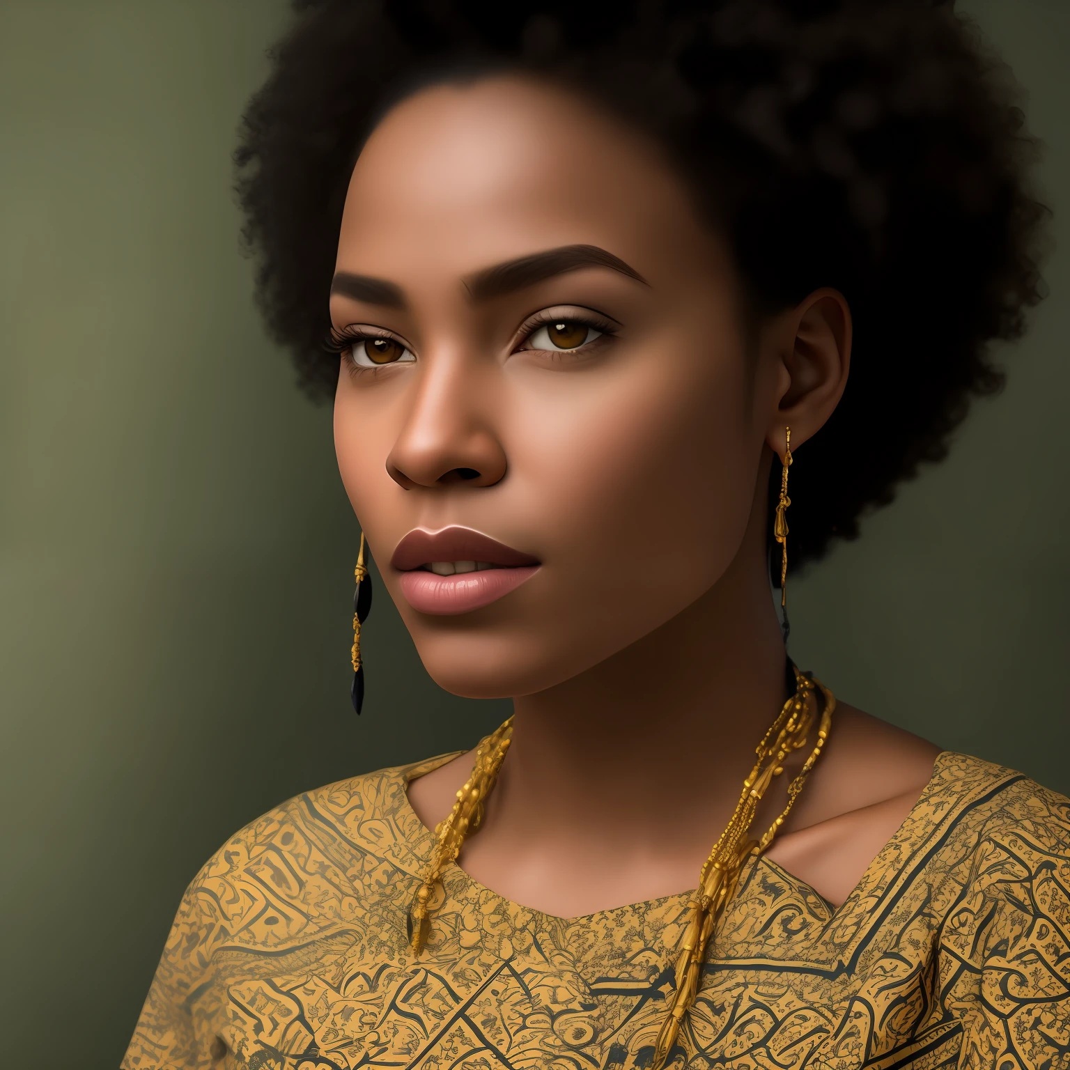 imagem de retrato hiper-realista no estilo Fine Art, retratando uma mulher negra com cabelo Black Power, traditional African clothing and accessories. The woman must emanate a look of empowerment and confidence, while ambient light creates a cinematic atmosphere. The photo should be captured from an accommodated resilient angle to add an artistic touch to the composition. Image needs to be high definition, com detalhes finos, to enhance the beauty and individuality of the protagonist.