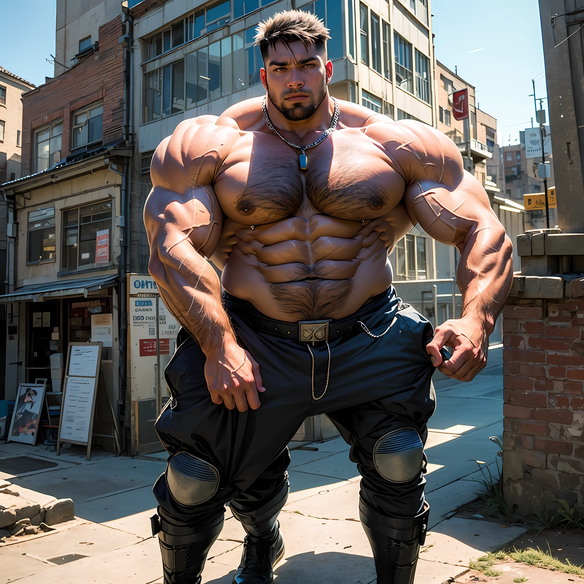 A young man extremely muscular and giant comparing his size with a building, bara, big muscles, gay --auto