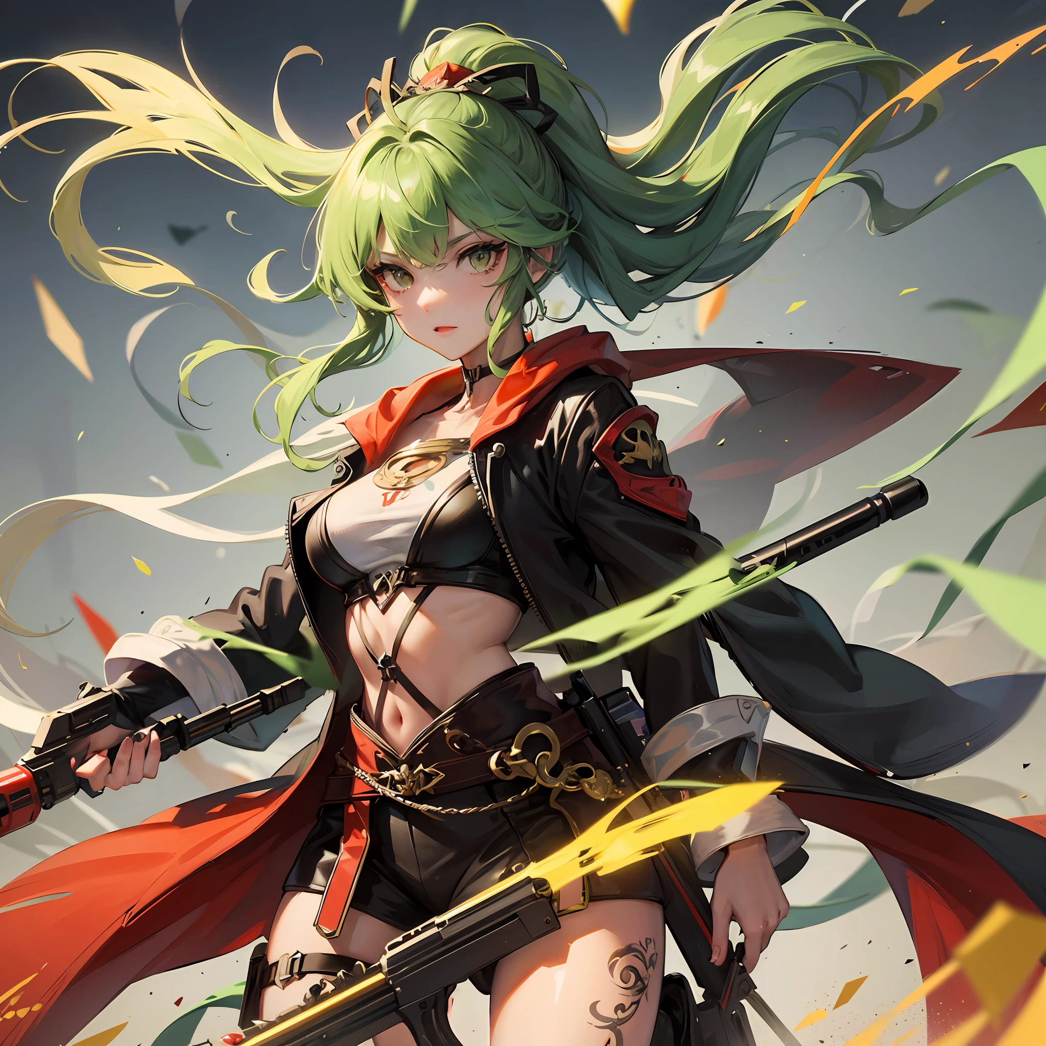 quadratic element，Green hair，shoun，Long gun in hand，There are elements of wind，Light chasing，with tattoos，Immortals --auto