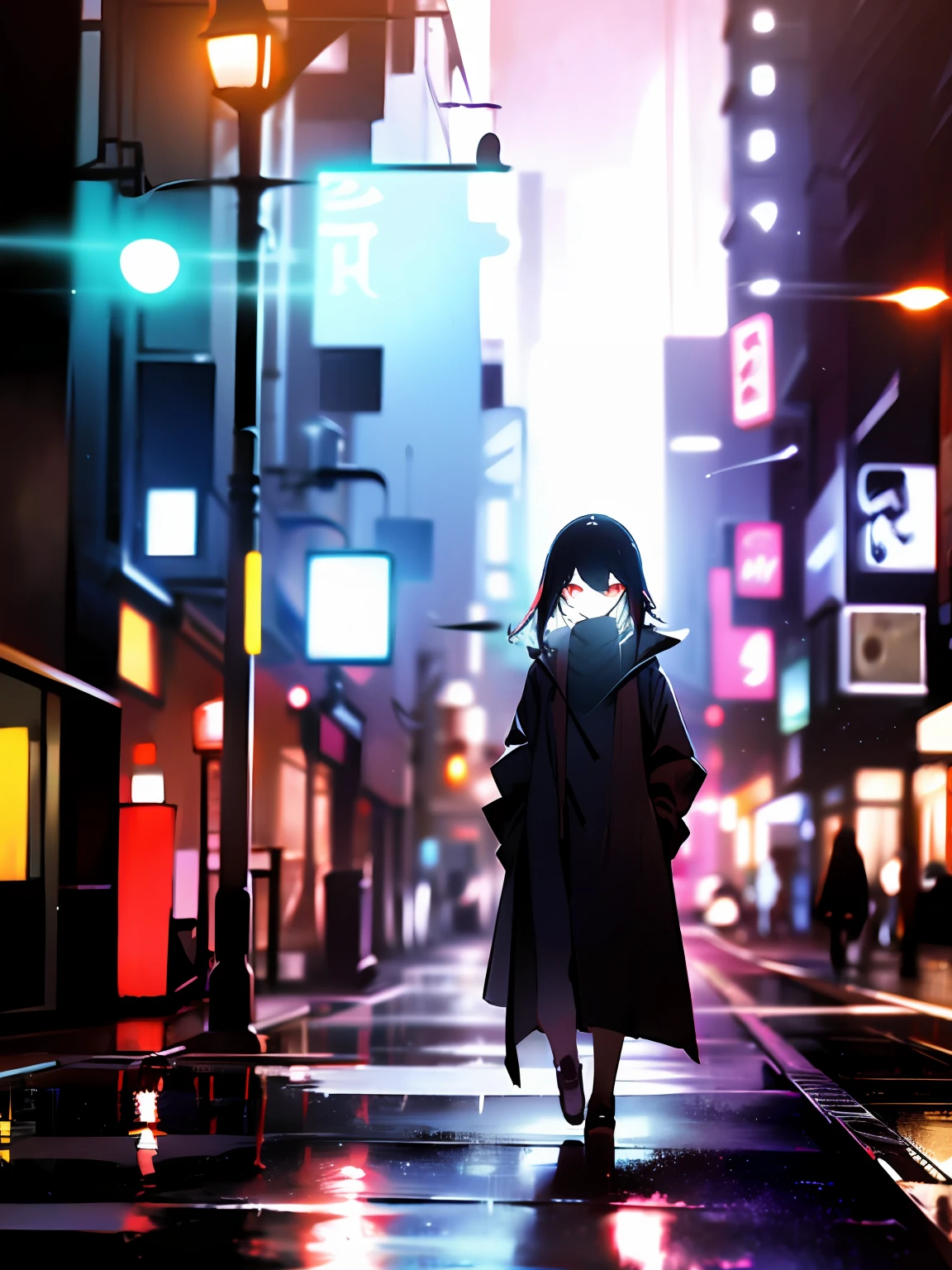 cyberpunk backgrouns, girl in raincoat, Expressionless girl,  Surreal lighting, Mysterious woman,  Colorful city lights,'lone dark figure'!!, wandering in the city，Black color hair
