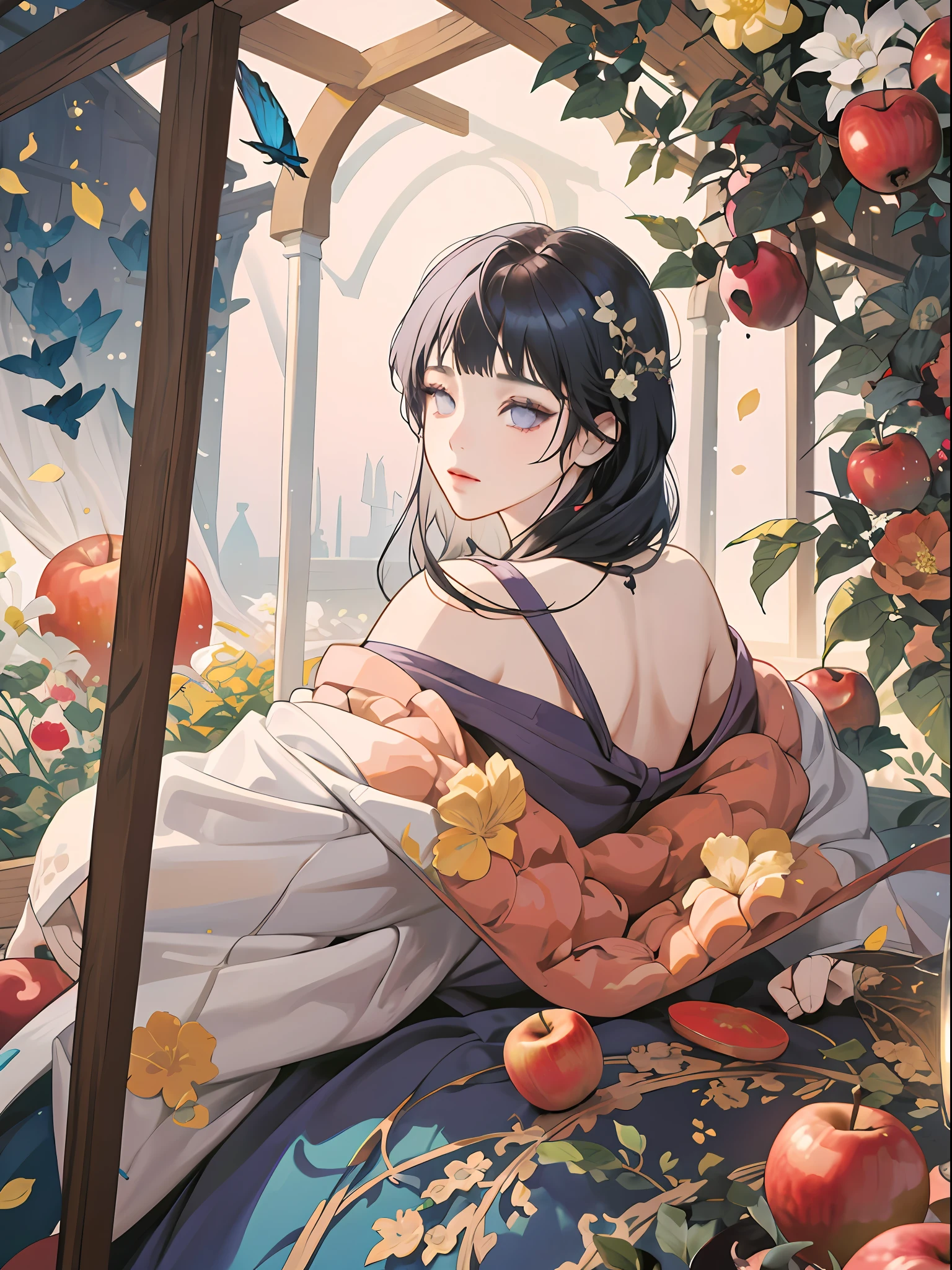 anime girl sitting in a garden with apples and flowers, guweiz, guweiz on pixiv artstation, guweiz on artstation pixiv, romanticism art style, artwork in the style of guweiz, dark blue haired princess, guweiz masterpiece, kawacy, beautiful anime portrait, purple eyes, blunt bangs, butterflies