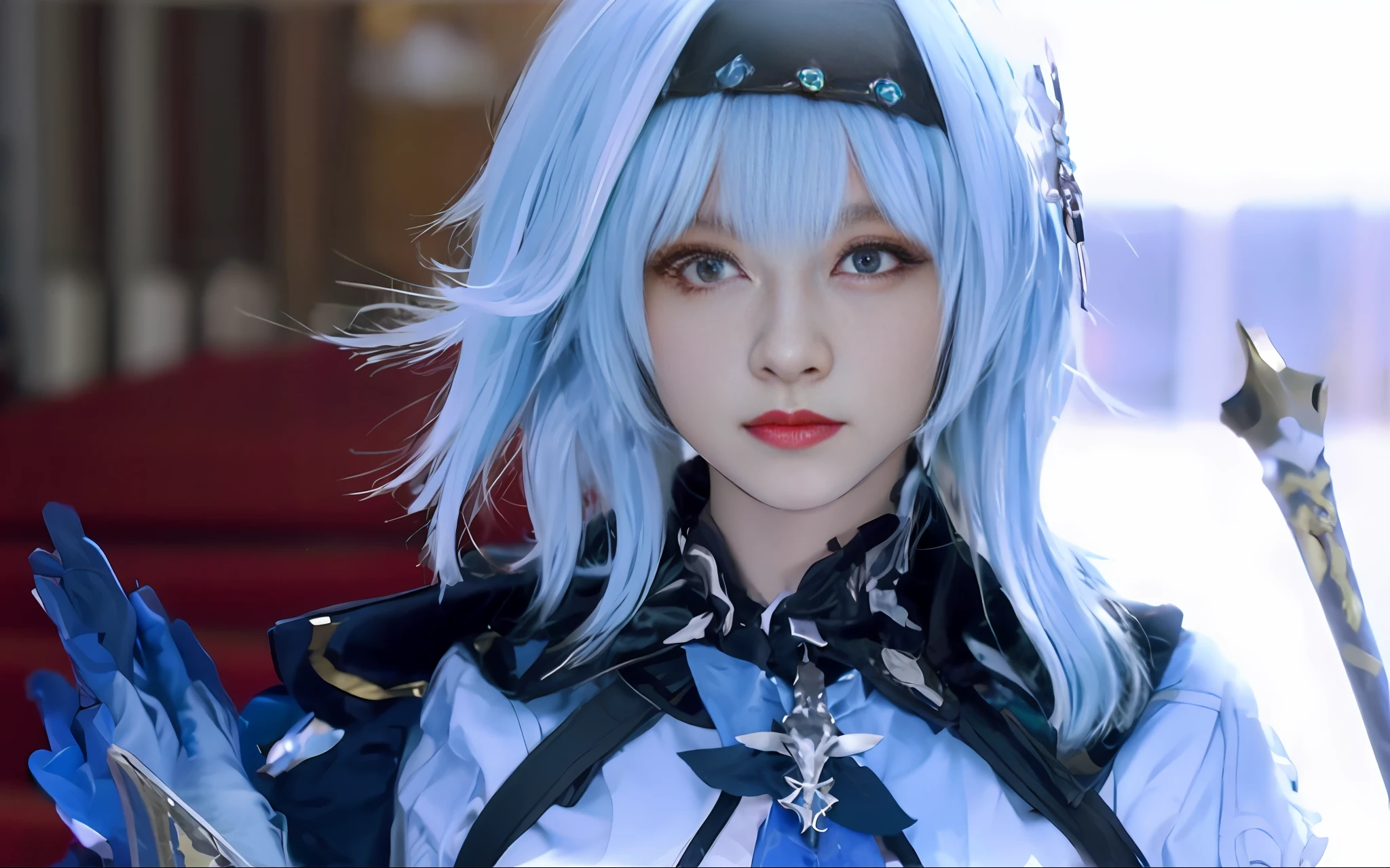a close up of a person with blue hair and a sword, Azure. detailed hairs, intricate ornate anime cgi style, Rendu portrait 8k, freezing blue skin, photorealistic anime girl rendering, inspired by Leng Mei, hyper realistic anime, mikudayo, Game CG, anime cgi, Extremely detailed + 8K, 8K octave rendered photos, Ice blue eyes