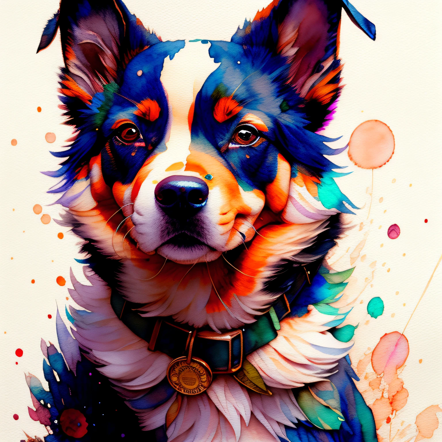 wtrcolor style, Digital art of (dog character), official art, frontal, smiling, masterpiece, Beautiful, ((watercolor)), face paint, paint splatter, intricate details. Highly detailed, detailed eyes, [dripping:0.5], Trending on artstation, by Rachel Walker