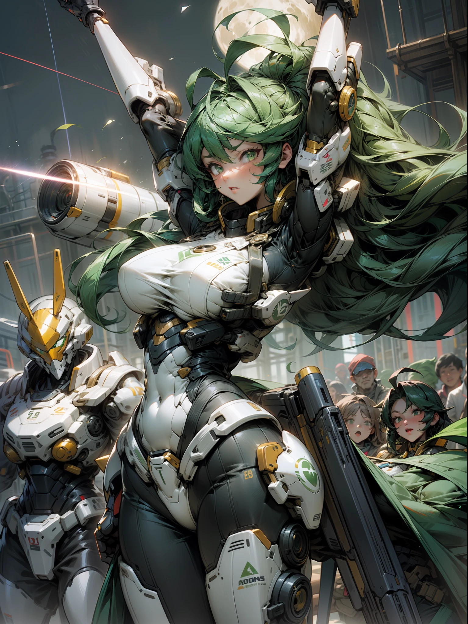 Full Armor Mecha Lady、One-armed submachine gun、Moon Dancer、battle field、Laser beam gun、Variable fighter、super giant breasted、 Super Super Super super huge breasts、Huge breasts,Powered Suit Girl Gathering、Huge arms、Wanli、green colored hair、Ahoge、1 bunch pigtails、