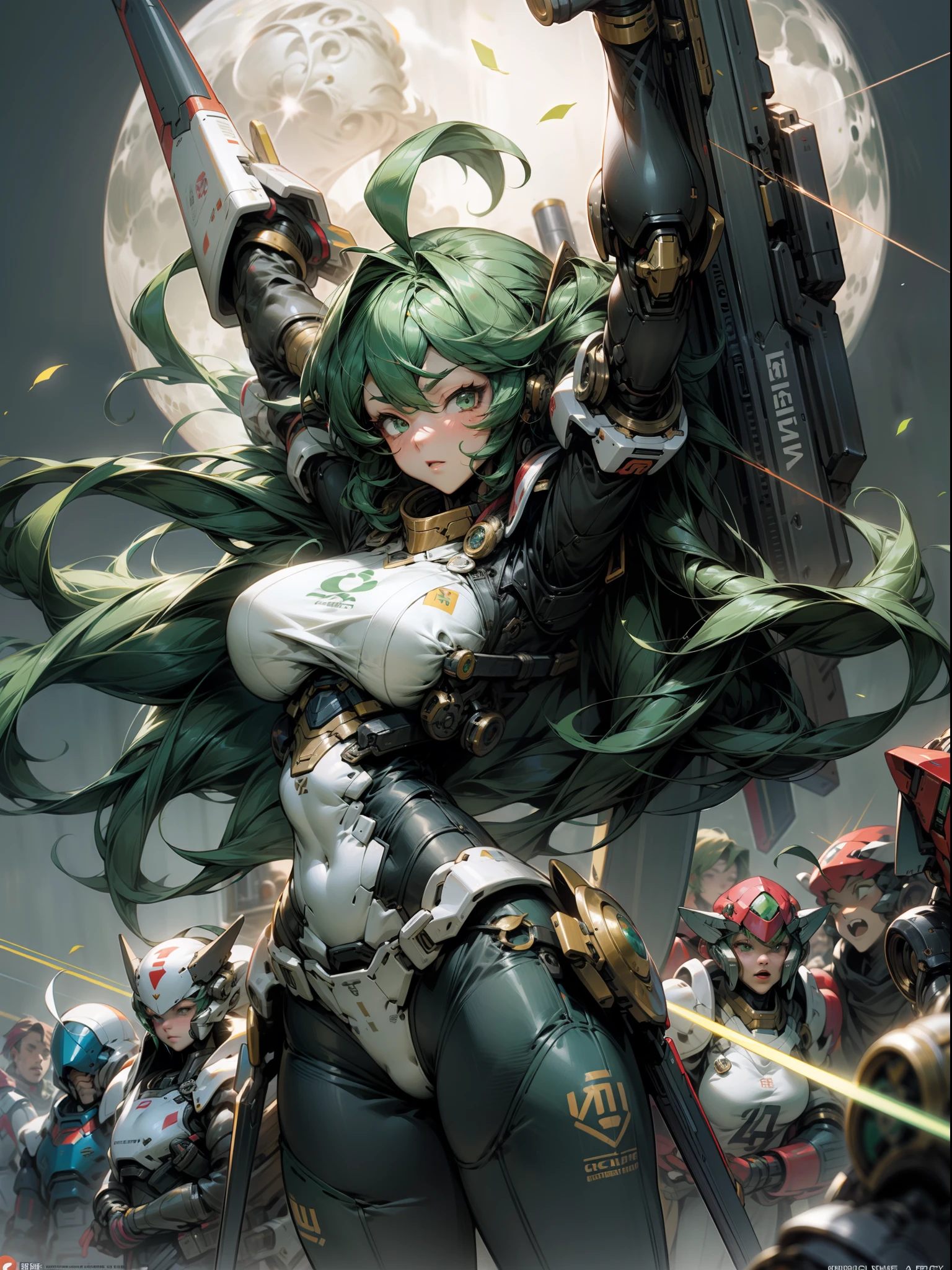 Full Armor Mecha Lady、One-armed submachine gun、Moon Dancer、battle field、Laser beam gun、Variable fighter、super giant breasted、 Super Super Super super huge breasts、Huge breasts,Powered Suit Girl Gathering、Huge arms、Wanli、green colored hair、Ahoge、1 bunch pigtails、