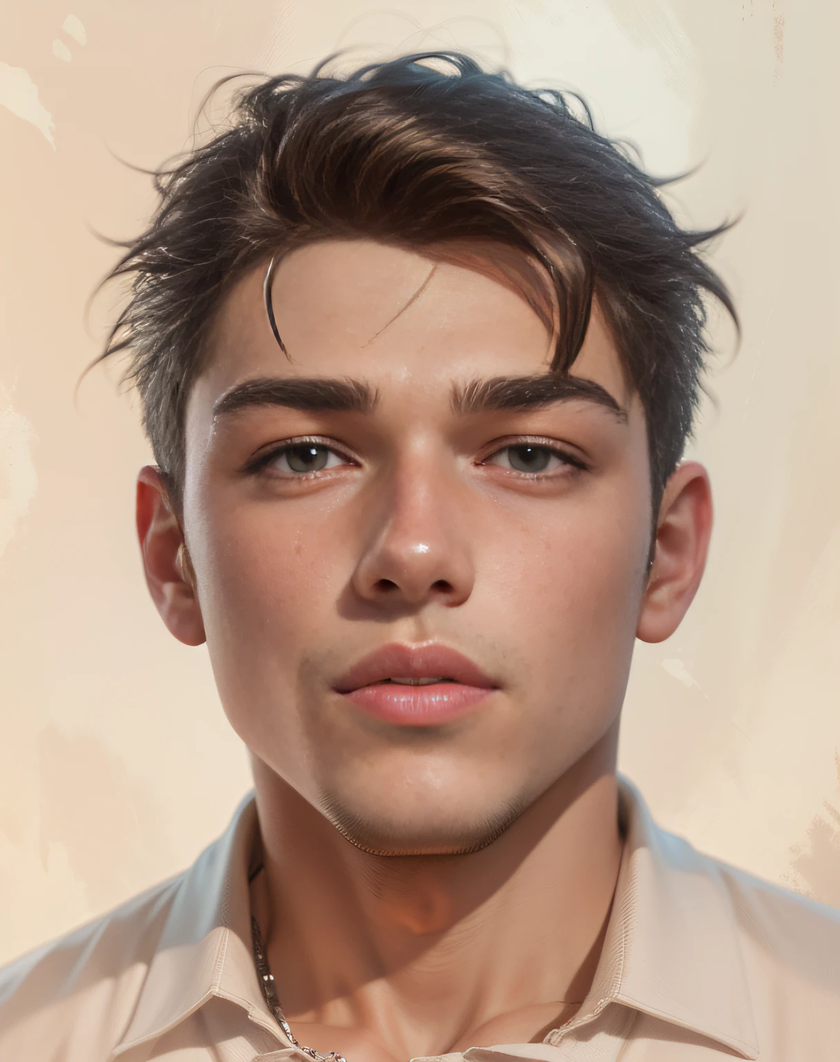 There is a young man with short hair and a white shirt, Guviz-style artwork, Realistic anime 3 D style, Digital Art Ilya Kuvhinov, Realistic anime art style, anime realism style, Stunning anime face portrait, realistic anime artstyle, Digital anime illustration, a beautiful anime portrait --auto