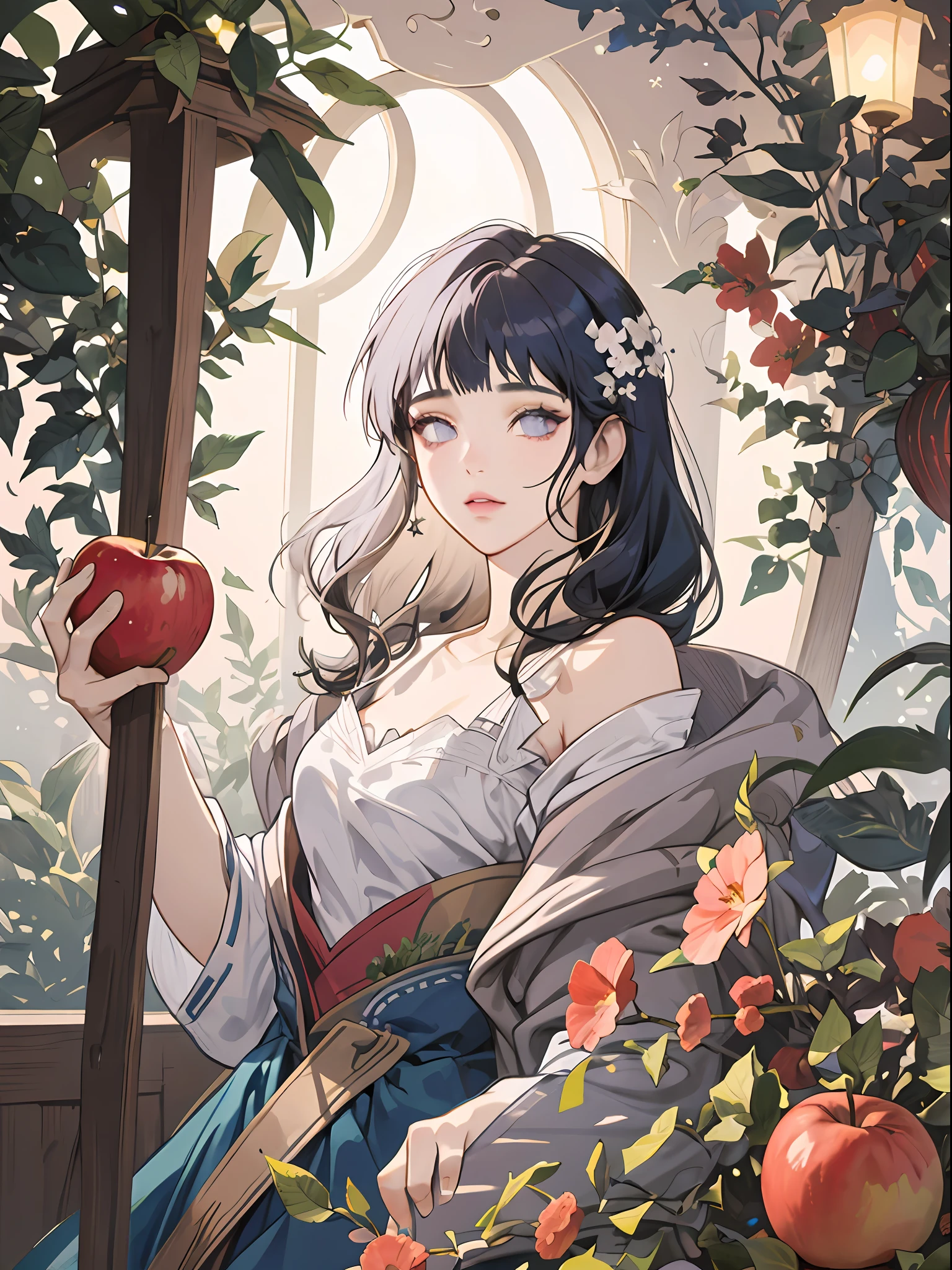 anime girl sitting in a garden with apples and flowers, guweiz, guweiz on pixiv artstation, guweiz on artstation pixiv, romanticism art style, artwork in the style of guweiz, dark blue haired  princess, guweiz masterpiece, kawacy, beautiful anime portrait, purple eyes, blunt bangs