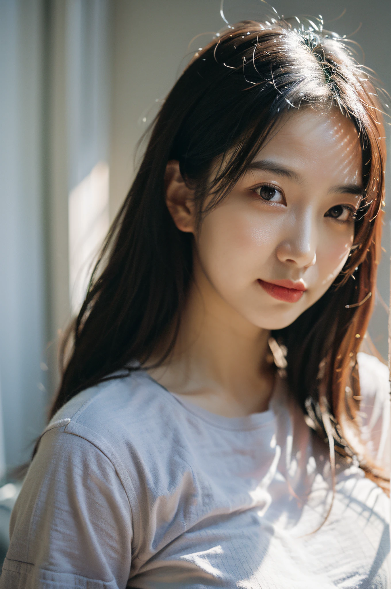 Best Quality, masutepiece, Ultra High Resolution, (Realistic: 1.4), Original photo, Official art, Wallpaper, Bust Photo, skin, Simple background, Black eyes, Details, 1 girl, Grey T-shirt, Breeze, Sunshine, Shy face, Water mist, studio lights,