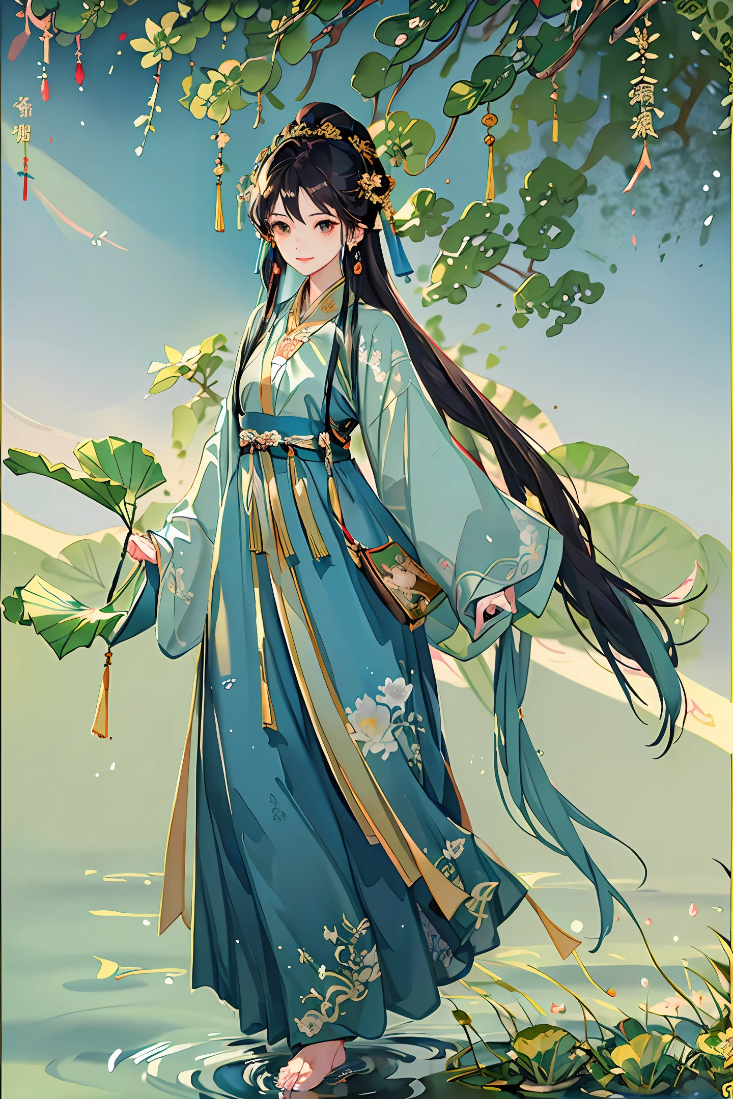 ((4k,masterpiece,best quality)), shuimobysim, Traditional chinese painting, lotuses, Hanfu, maxiskit, Dress open 1girl, solo, blue long hair, ssmile, standing on your feet, Feet in the water, The barefoot,