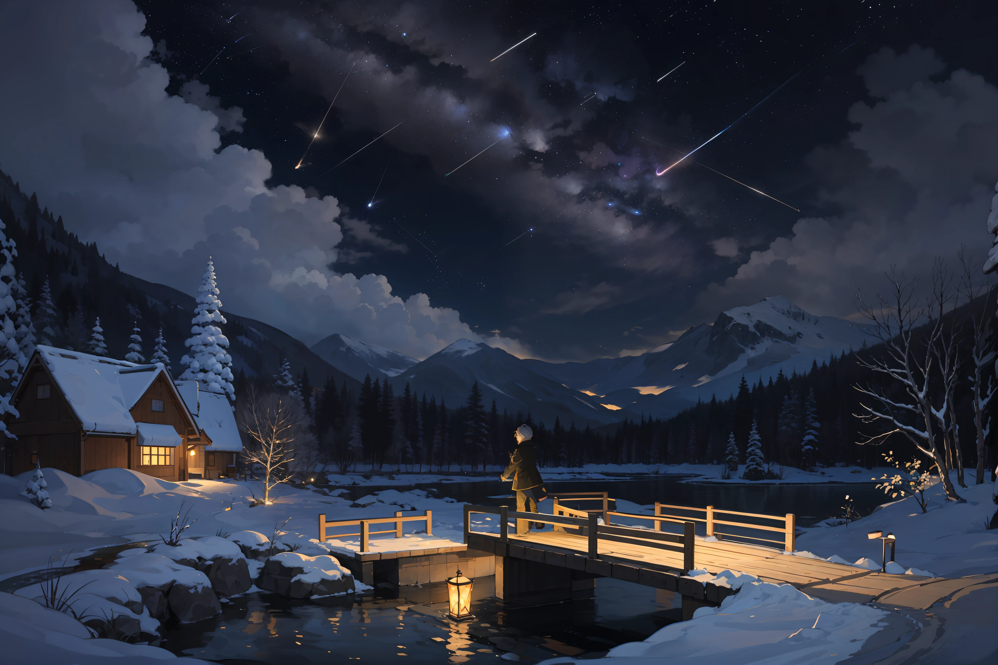 small bridge flowing water,the night,meteor shower,A person makes a wish