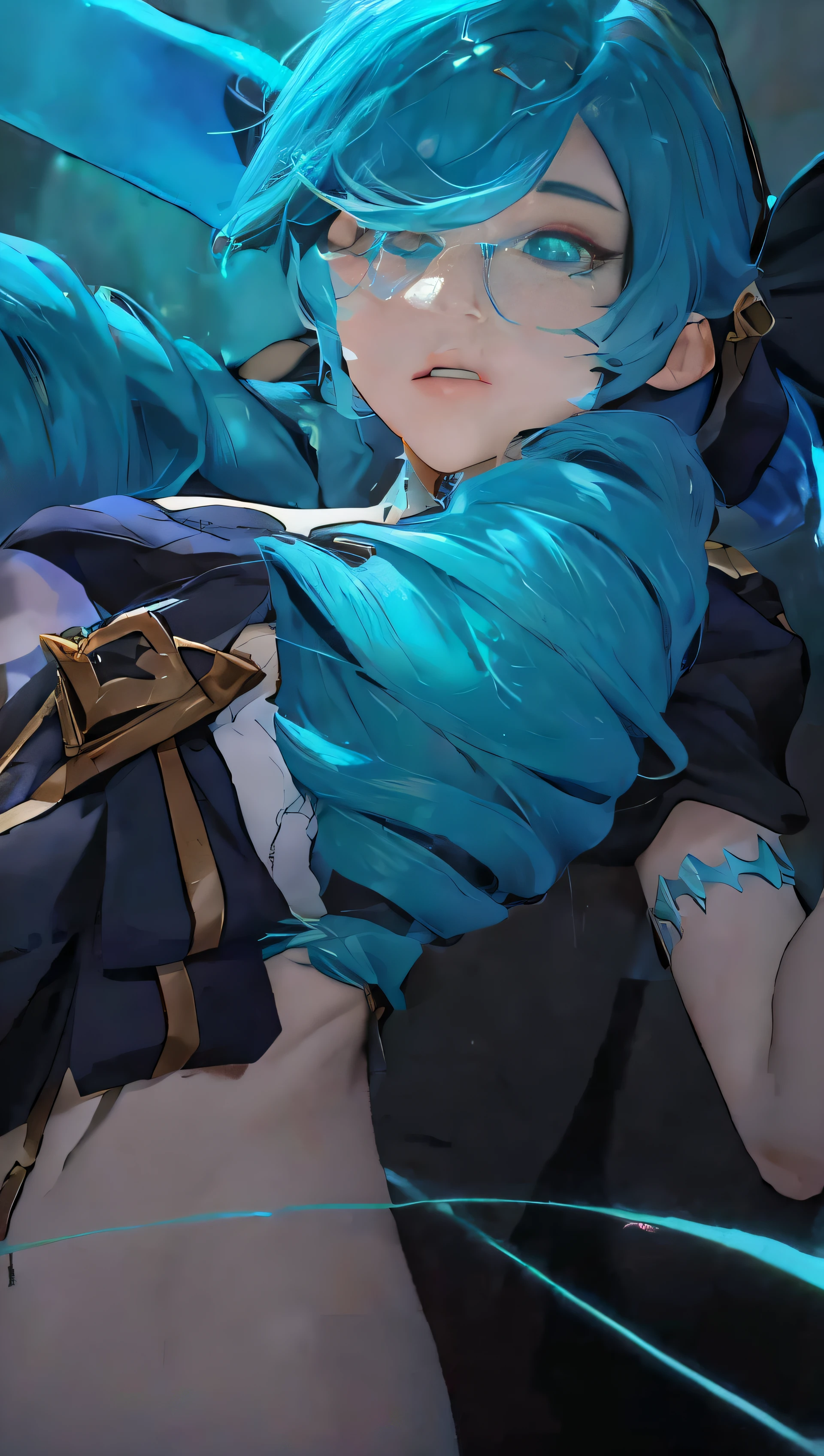 a close up of a person with blue hair and a sword, From Arknights, Anime girl with teal hair, Keqing from Genshin Impact, Artgerm and Atey Ghailan, Azure. detailed hairs, blue hairs, Extremely detailed Artgerm, blue scales covering her chest, Girl with blue hair, Guviz-style artwork