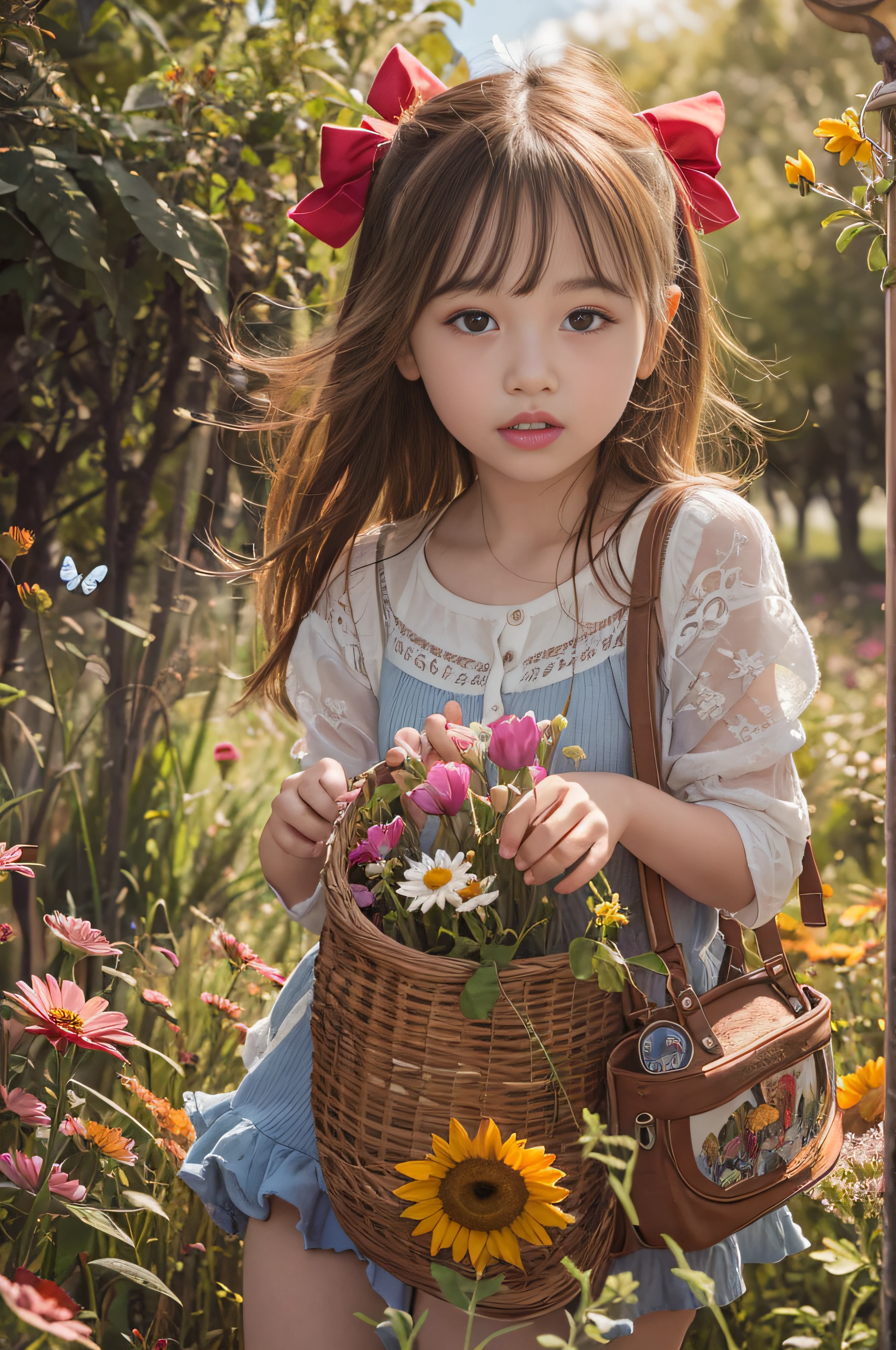 High Detail, Ultra Detail, 8K, Ultra High Resolution A cute and innocent girl, toddlerenjoying her time in the open field, surrounded by the beauty of nature, warm sun sprinkling on her, wildflowers gently swaying in the breeze. Butterflies and birds flutter around her, adding to the playful atmosphere,