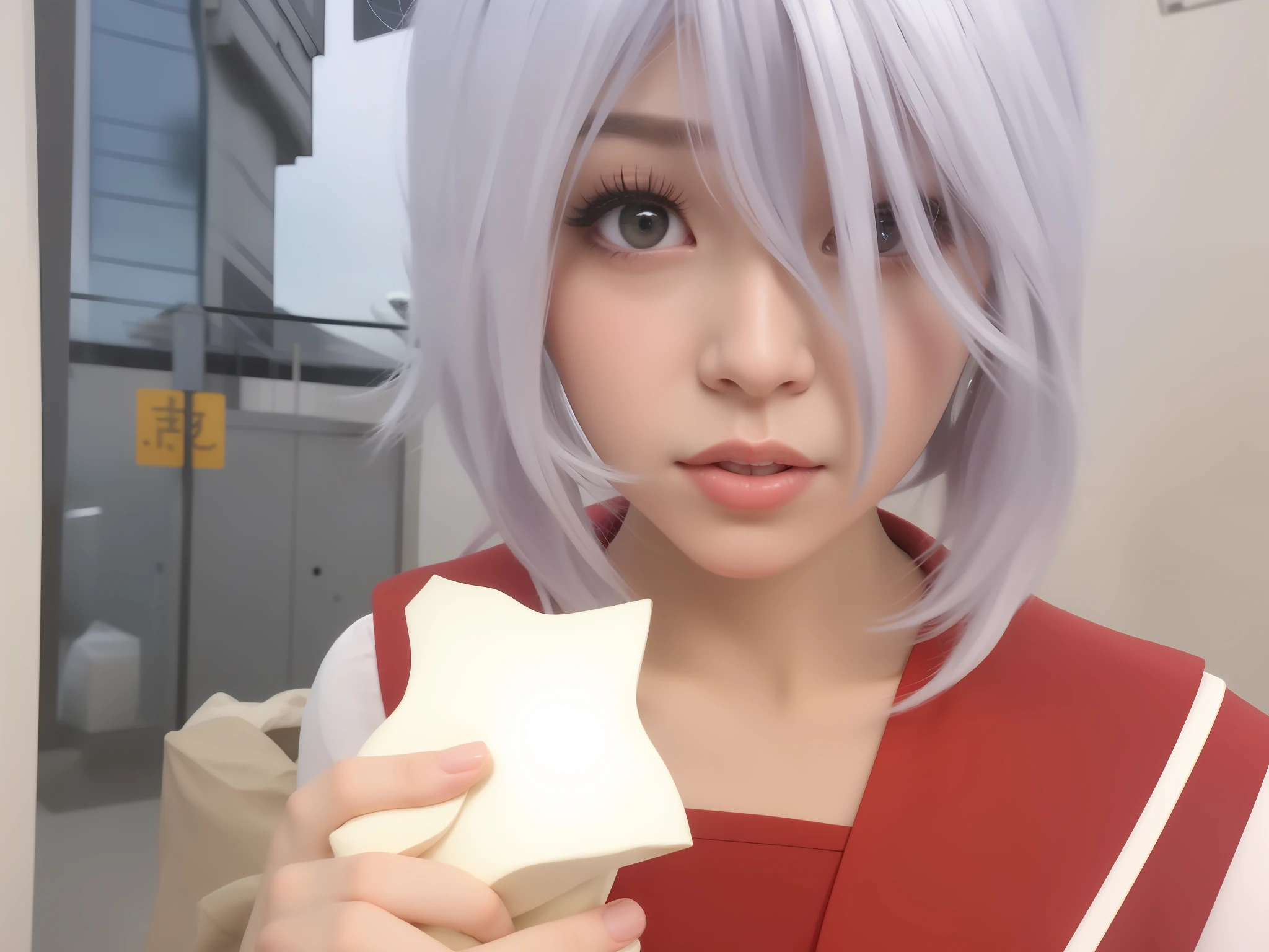 Arapei in a blue wig and red dress holding a sandwich, Anime girl cosplay, Anime cosplay, rpgmaker, cosplay foto, Anime girl in real life, sakimichan, professional cosplay, realistic cosplay, cosplay, inspired by Leng Mei, Ayaka cosplay, from touhou, with kitsune mask, sakimi chan, Anime Thai girl