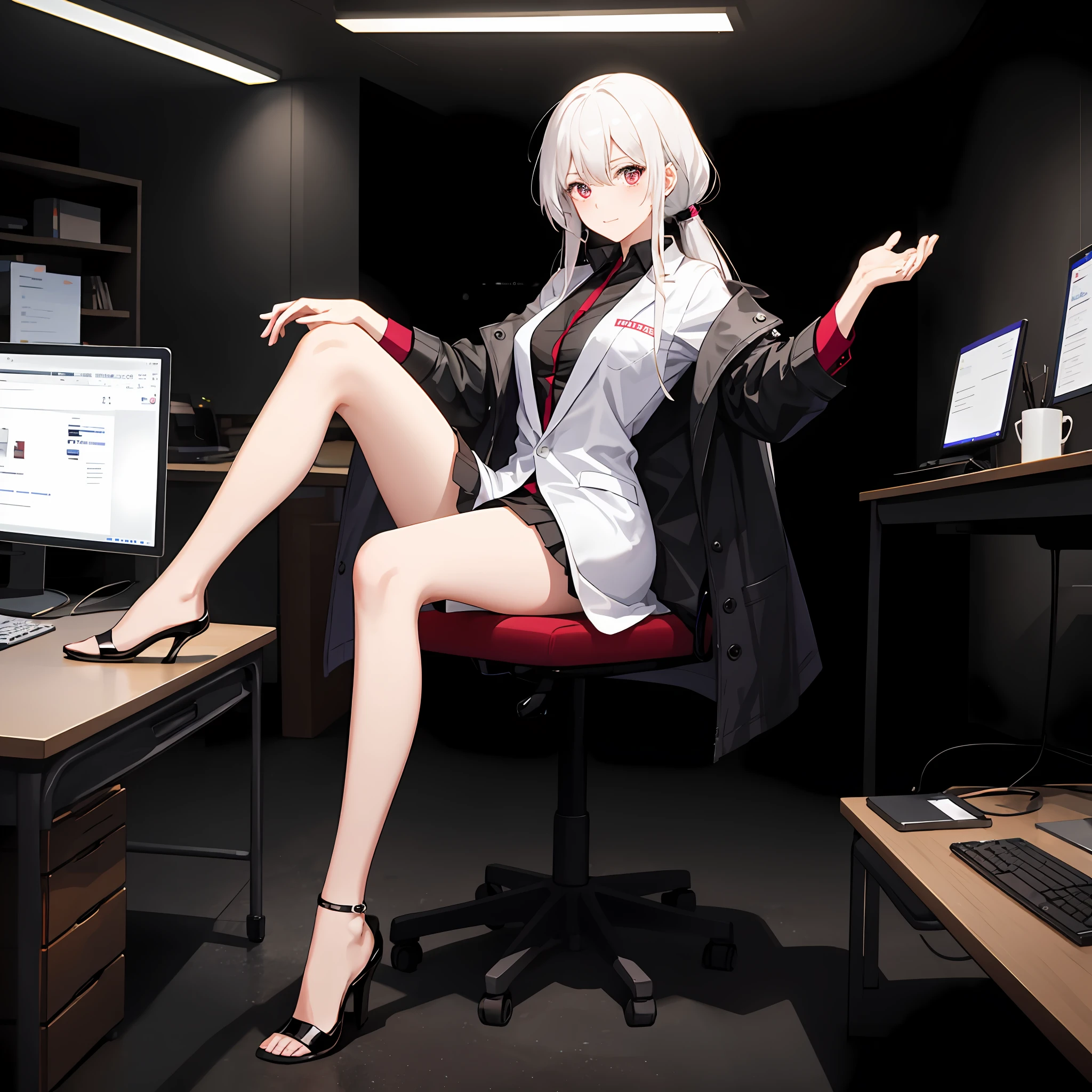 White hair,Long hair, Draped hair, No ponytailed , White lab coat, Coat, A cup, head-up to the camera, Facing the camera, In a dark room,Lori sat in a black office chair, with her hands folded on her chest, revealing her legs in black silk, She wears black high heels on her feet,A shy expression His face flushed slightly,Warm red, and her left foot on her right foot,There is a bunch of shiny monitors behind the loli display is on a black desk,