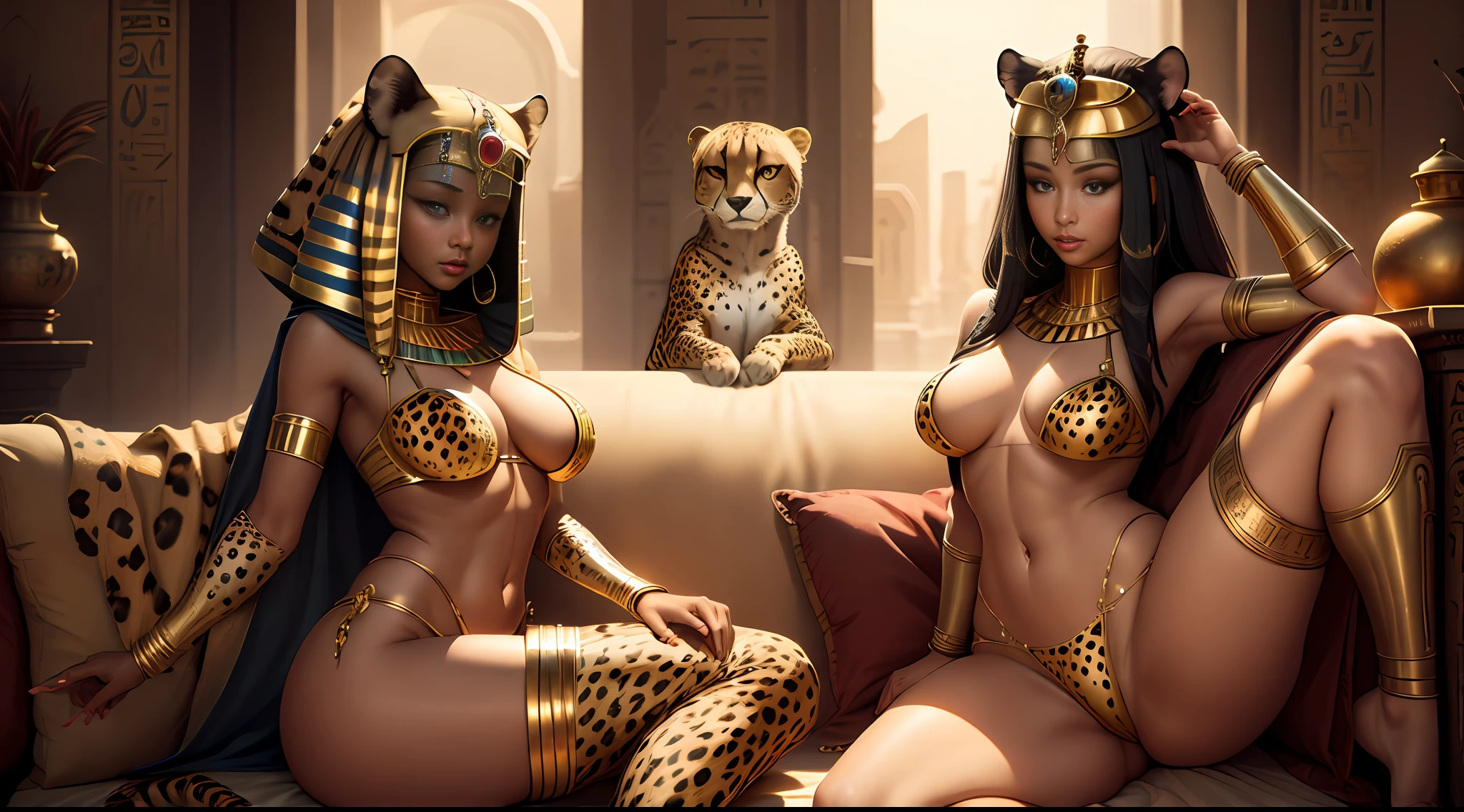 (sfw), (panorama), best quality, masterpiece, small detailed, high-resolution, epic historical shoot, ancient shoot, intricate details, 
 a shoot from ancient Egypt,      brimming with gold, precious gems, and magnificent drapery,      beauty, perfect detailed body, (perfect girls body anatomy :1.5), 
 (one characters), (1women), solo,   BREAK \n       (  beautiful egyptian female queen pharaoh  Cleopatra (half-lying resting) on the golden  sofa), Lying on the side,          ( a Cheetah next to girl :1.4),  girl put her palm on the Cheetah       BREAK  \n        sphinx, nice face, (busty, large hanging breasts), slim waist,  [ beautiful hips, detailed knees and foot ], [detailed uncovered straight legs],      slim golden chains on girls body,   dark skinned, dark hair, short hair,          open beautiful tummy,  golden underboobs, chests-strap, covered nippleslips,  golden silk thong, furr loincloth aside,      egyptian face makeup, half-closed eyes, languishing look,      full body view, resting pose, proud and majestic,         detailed Cheetah, detailed girl face, detailed pupils, detailed iris of eyes, detailed color contact lenses, best combination of 5fingers,