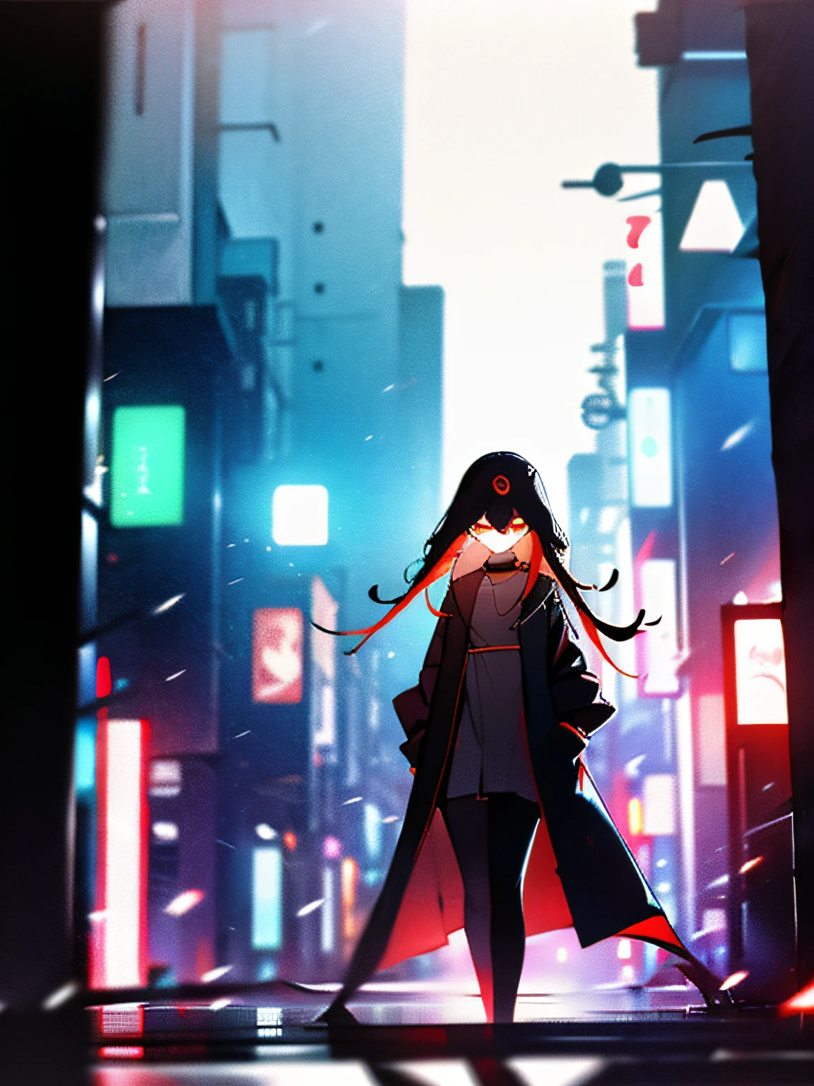 cyberpunk backgrouns, girl in raincoat, Expressionless girl, Surreal lighting, Mysterious woman, Colorful city lights,'lone dark figure'!!, wandering in the city,Black color hair