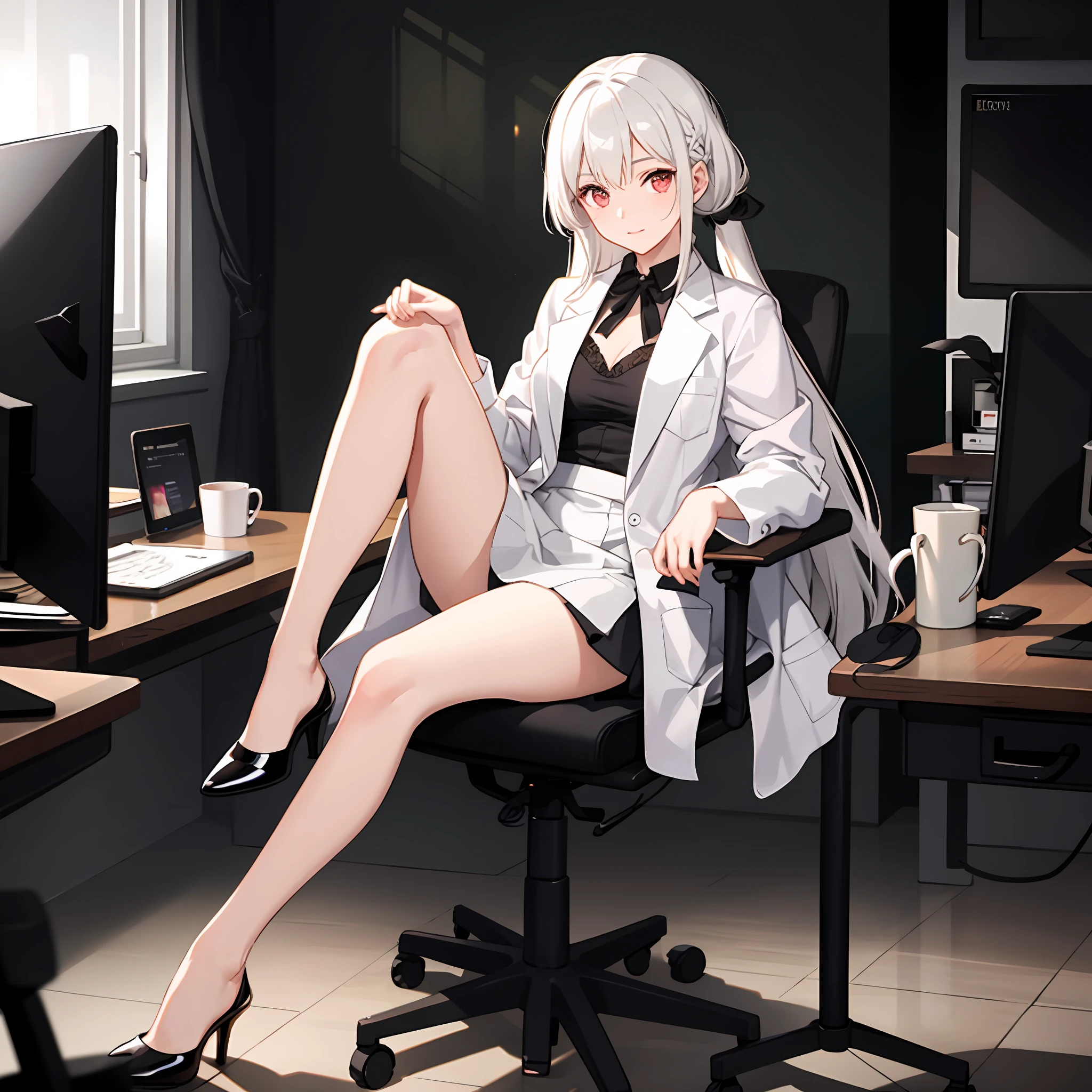 White hair,Long hair, Draped hair, No ponytailed loli, White lab coat, Coat, A cup, head-up to the camera, Facing the camera, In a dark room,Lori sat in a black office chair, with her hands folded on her chest, revealing her legs in black silk, She wears black high heels on her feet,A shy expression His face flushed slightly,Warm red, and her left foot on her right foot,There is a bunch of shiny monitors behind the loli,The display is on a black desk,
