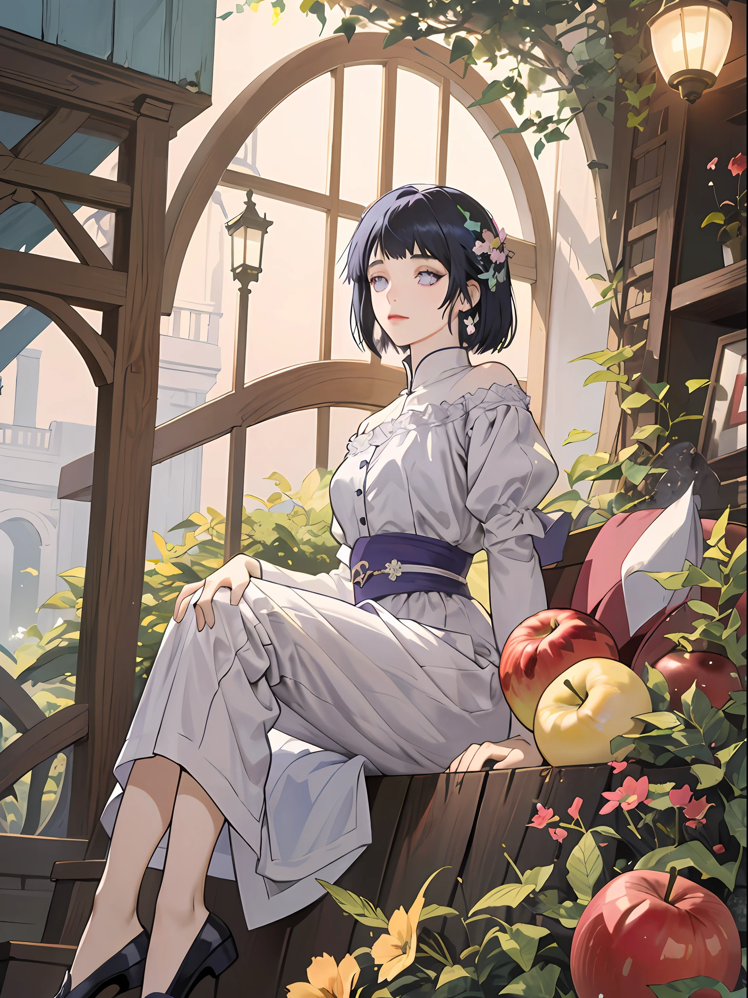 anime girl sitting in a garden with apples and flowers, guweiz, guweiz on pixiv artstation, guweiz on artstation pixiv, romanticism art style, artwork in the style of guweiz, dark blue haired  princess, guweiz masterpiece, kawacy, beautiful anime portrait, purple eyes, blunt bangs,  butterflies