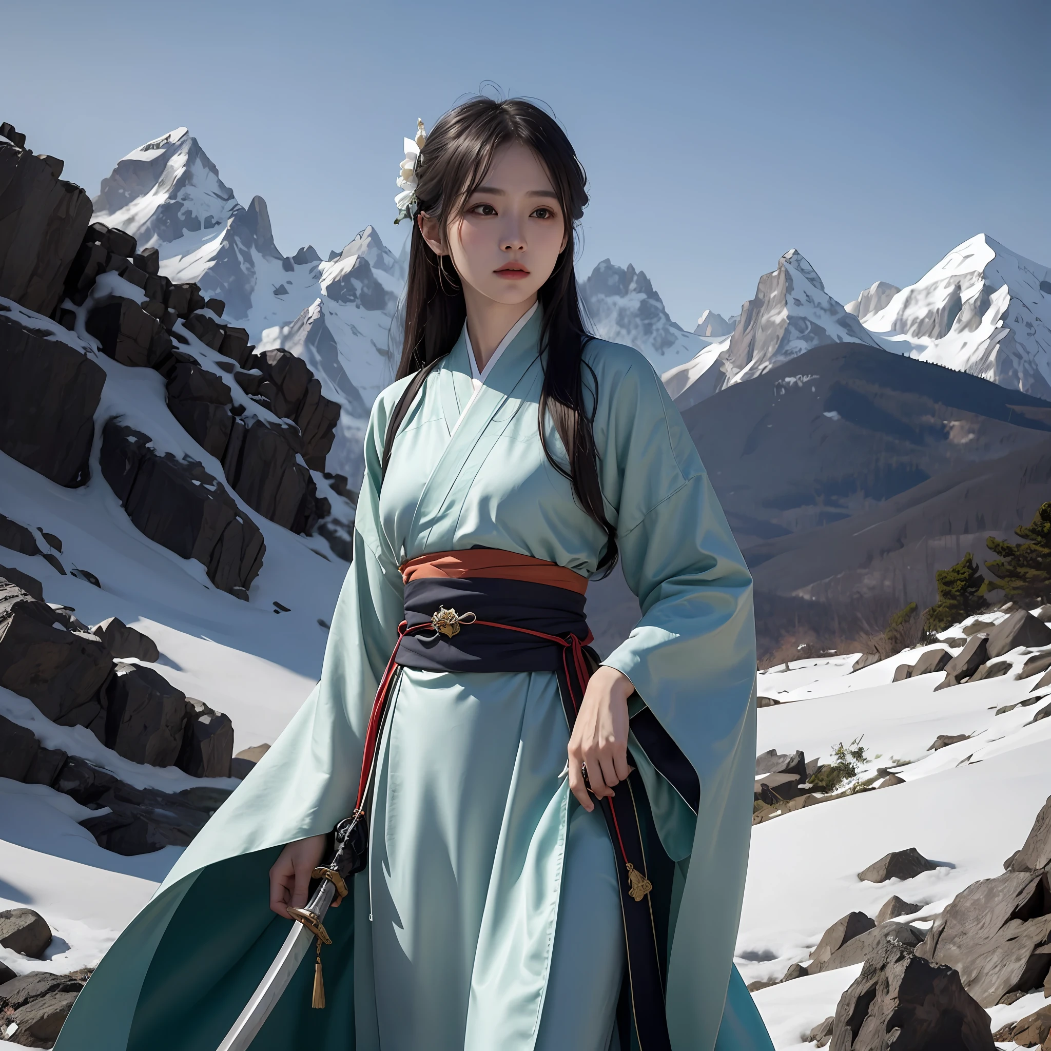 Green Hanfu,Long sword in hand,shoun,Above the peaks,Oyuki --auto