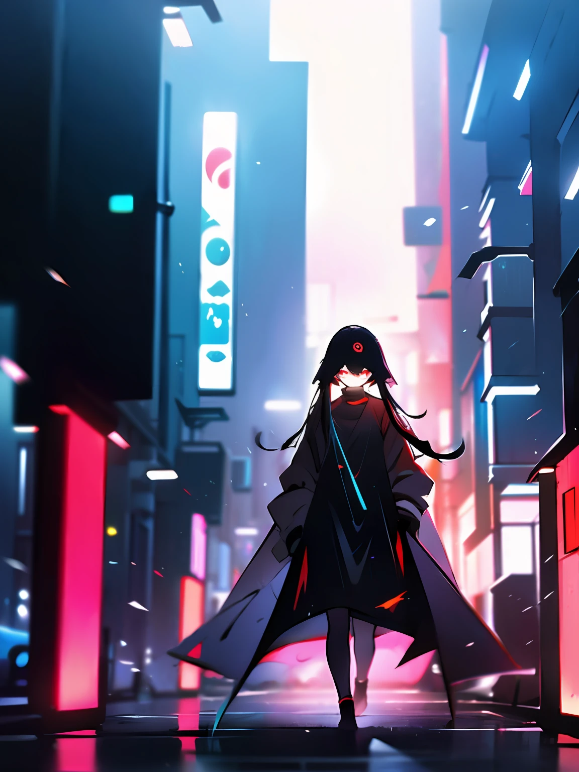 cyberpunk backgrouns, girl in raincoat, Expressionless girl,  Surreal lighting, Mysterious woman,  Colorful city lights,'lone dark figure'!!, wandering in the city，Black color hair