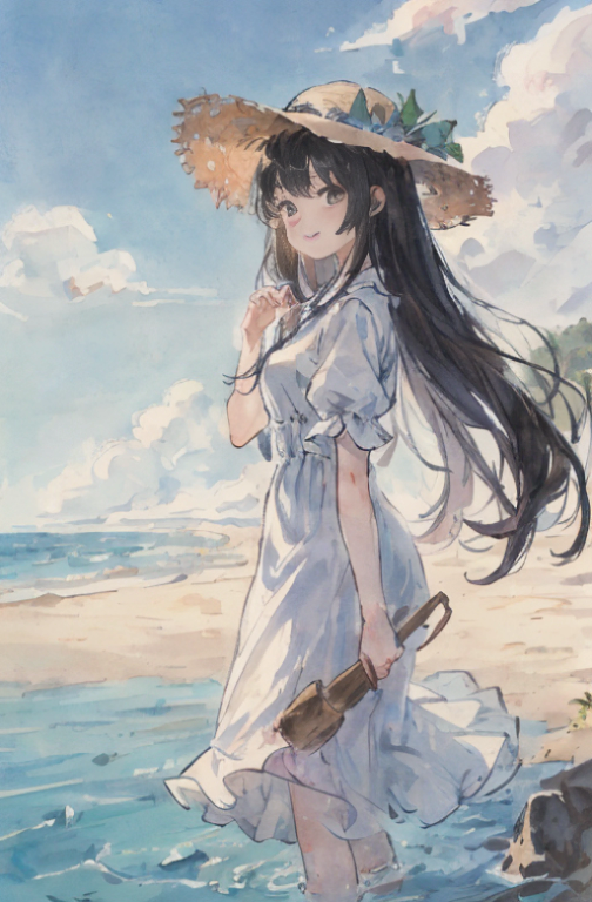 (realisitic:1.4)、(Very complex:1.2)、(The whole body of the body:1.2)、(from the front side:1.3)、1girl in Smile, Long Black Hair, Wearing a big straw hat, Solo, White blouses, Dress, shortsleeves, Looking at Viewer, grey eyes, Bangs, Summer blue sky and sea background, Closed mouth, Collared dress, blush, frilld、1girl in、Solo、超A high resolution、8K UHD、perfect anatomia、Exquisitely detailed skin、Best Shadows、 Delicate、hight resolution