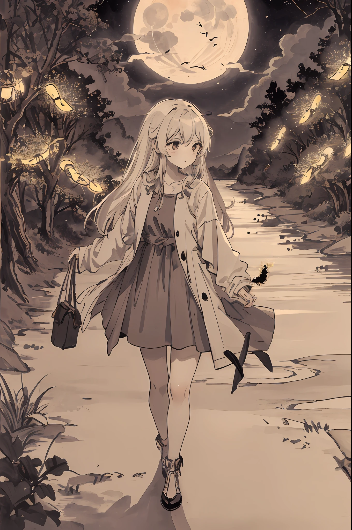 Masterpiece, best quality, night, hills, clouds, full moon, long hair, woman, silhouette, fireflies.