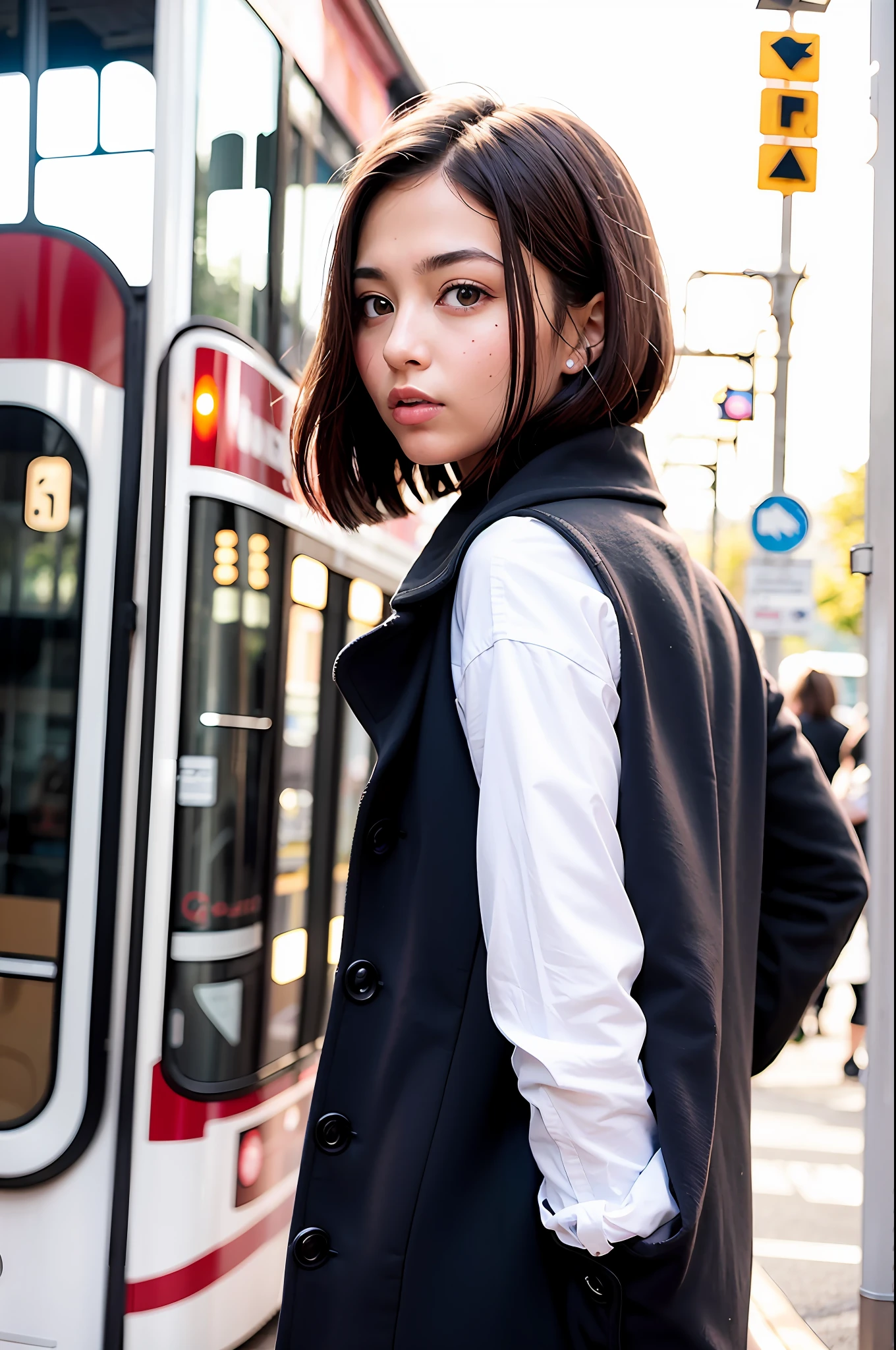 Need,tmasterpiece,brunette color hair,Black eyes,Manteau blanc,Look up,Hairline,Fair skin,back to look back,trams