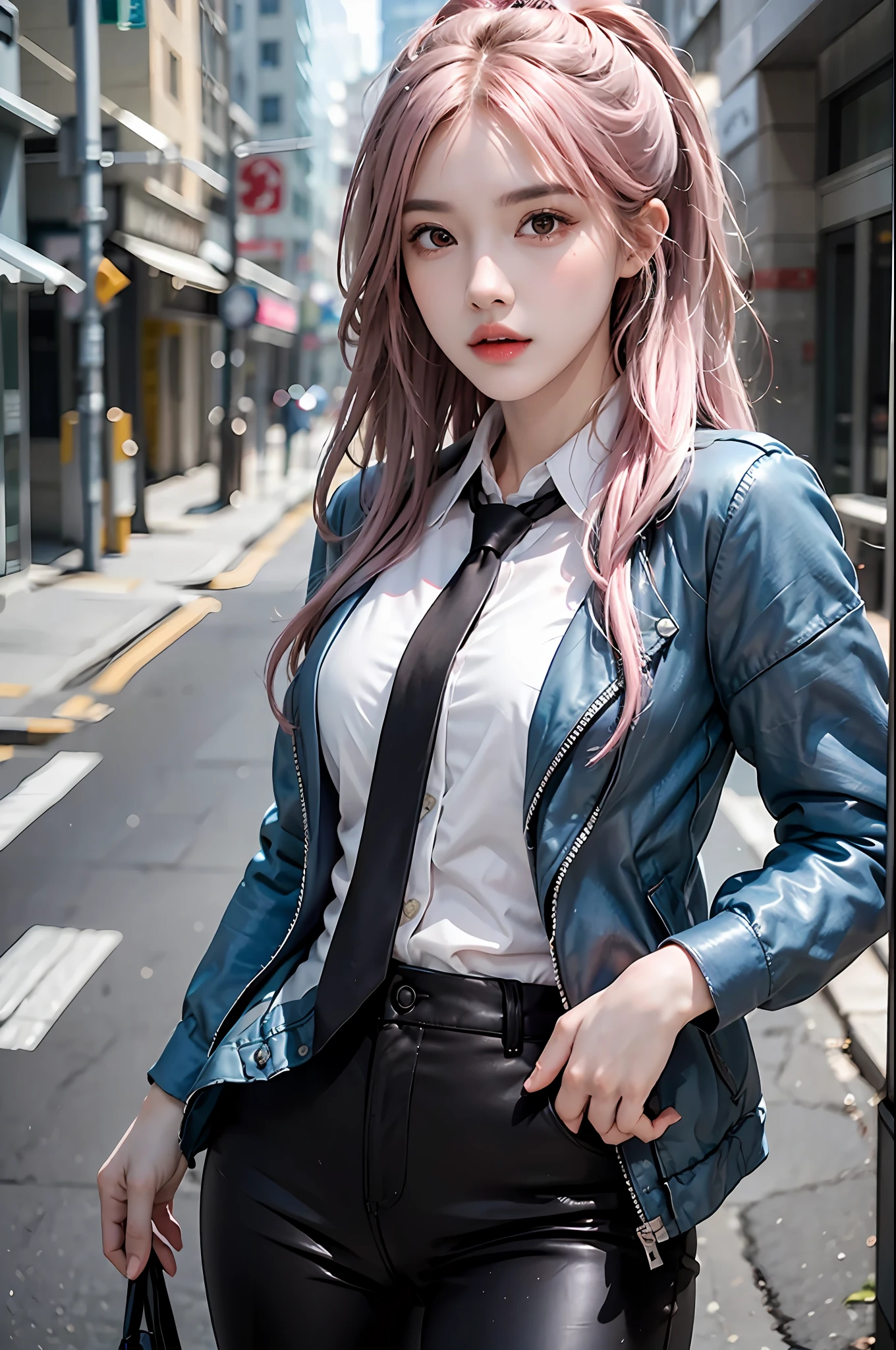 photorealistic, high resolution, 1 girl, hips up, beautiful eyes,power \(csm\), pink hair, symbol-shaped pupils, cross-shaped pupils, blue jacket, collared shirt, black necktie, black pants