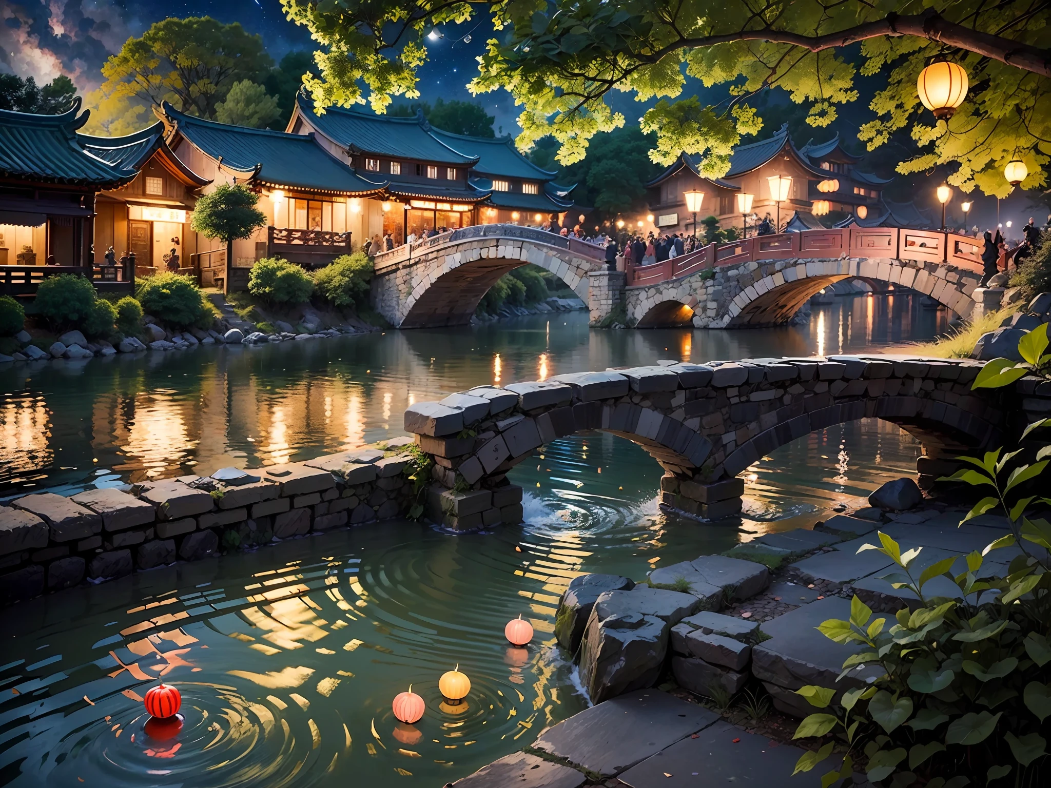 (8K分辨率,Masterpiece,gracefulness,Night view of the old town,plethora of colors),Small bridges and flowing water,the starry sky is reflected,Kong Ming lanterns float on the surface of the river。