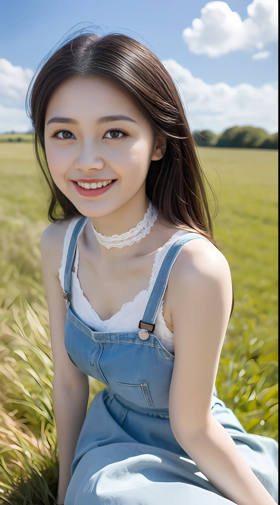 A beautiful and cute girl, full body photo, extremely beautiful and delicate, black hair, sweet smile, delicate beautiful fair skin, realistic and realistic, exquisite and complete  features, detailed  portrayal, high nose bridge, flowing smooth hair, extremely delicate hair, soft temperament, face light, tall, thin, real, hyper-real, full-body lens, forward tilt angle, ultimate picture quality, highest precision, accurate and perfect human body structure. Blue sky and white clouds, sitting on the grassland, blue sky and white clouds, sunlight, cows and sheep, (suspenders, long skirts)  are clearly visible