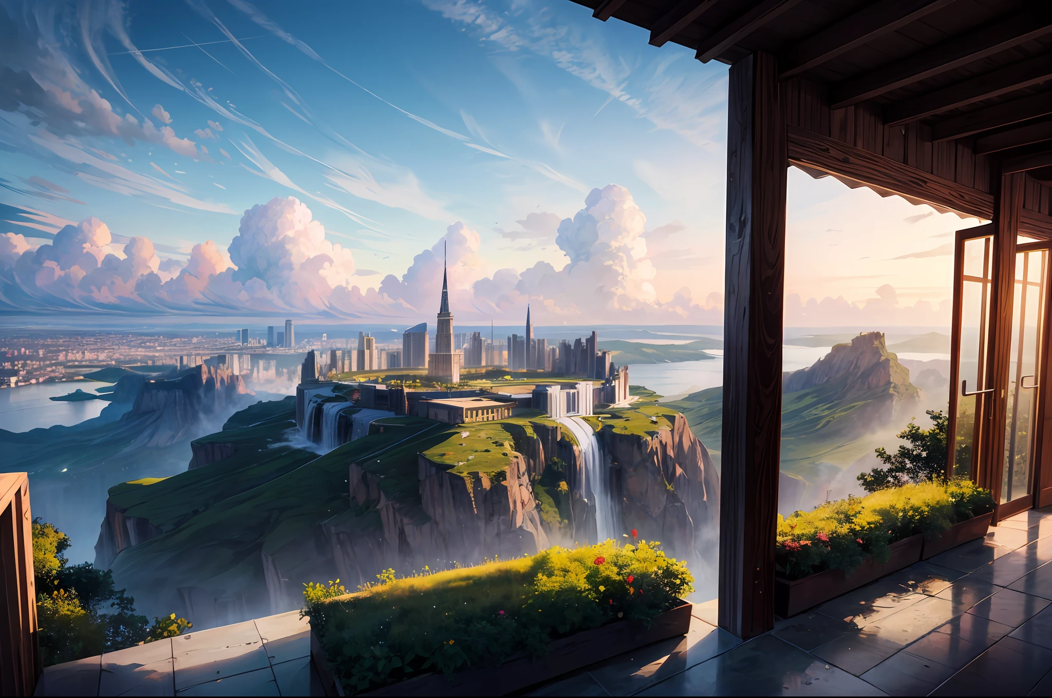 "An ultra-detailed, 8k masterpiece of a landscape with fine details and best quality. The scenery is breathtaking, with a distant, wide shot of a sky garden, sky city or a secret, mysterious place, all without any humans."