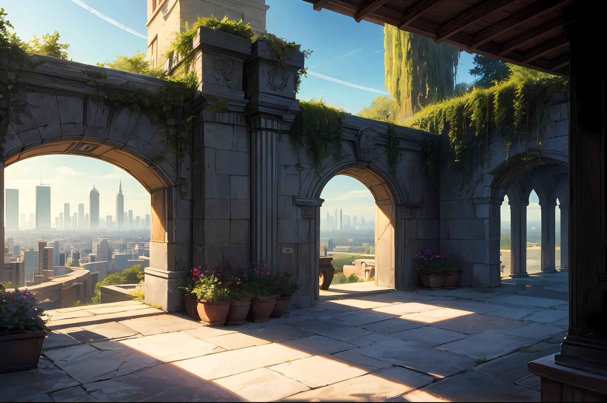 "An ultra-detailed, 8k masterpiece of a landscape with fine details and best quality. The scenery is breathtaking, with a distant, wide shot of a sky garden, sky city or a secret, mysterious place, all without any humans."