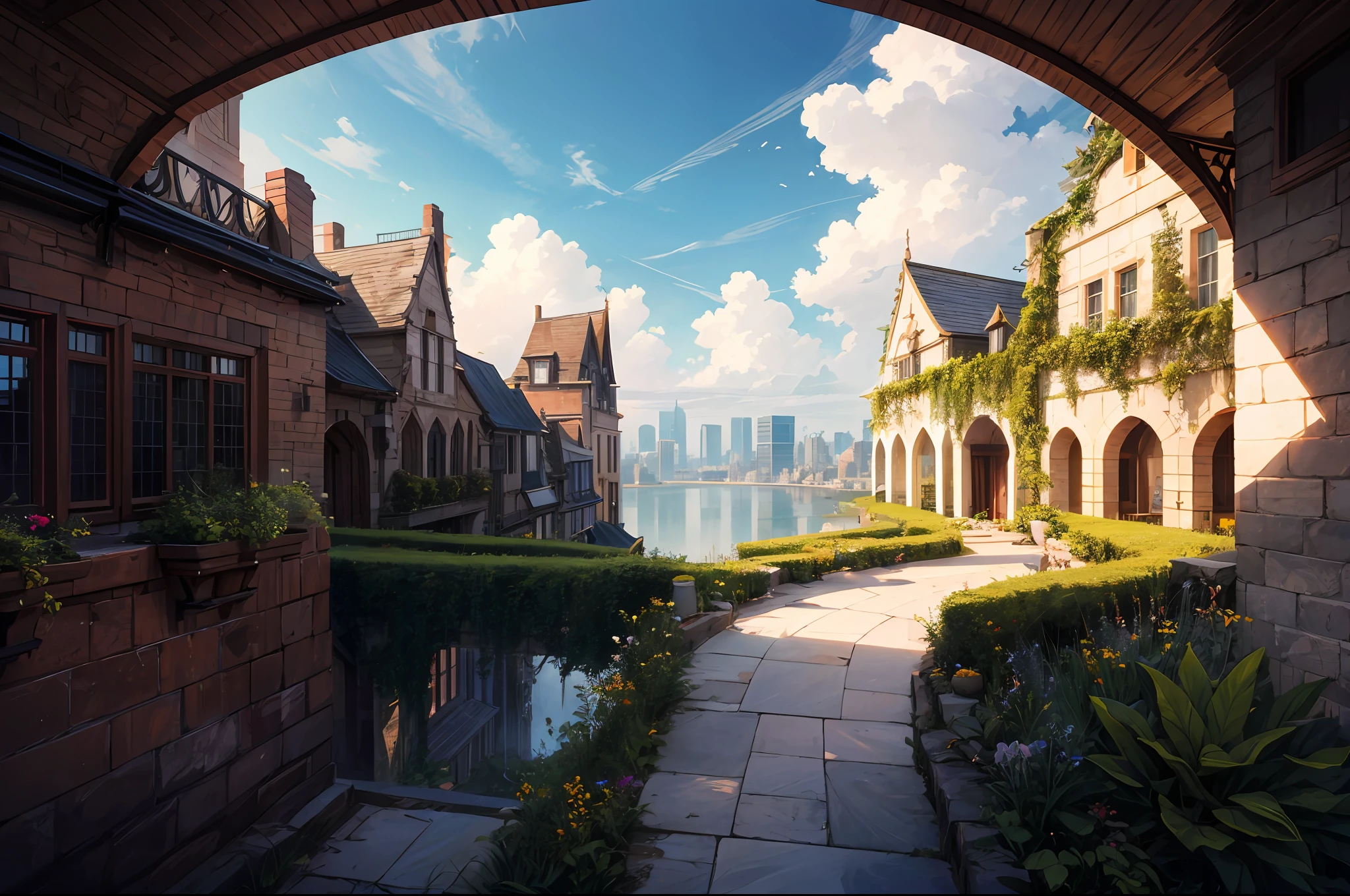 "An ultra-detailed, 8k masterpiece of a landscape with fine details and best quality. The scenery is breathtaking, with a distant, wide shot of a sky garden, sky city or a secret, mysterious place, all without any humans."