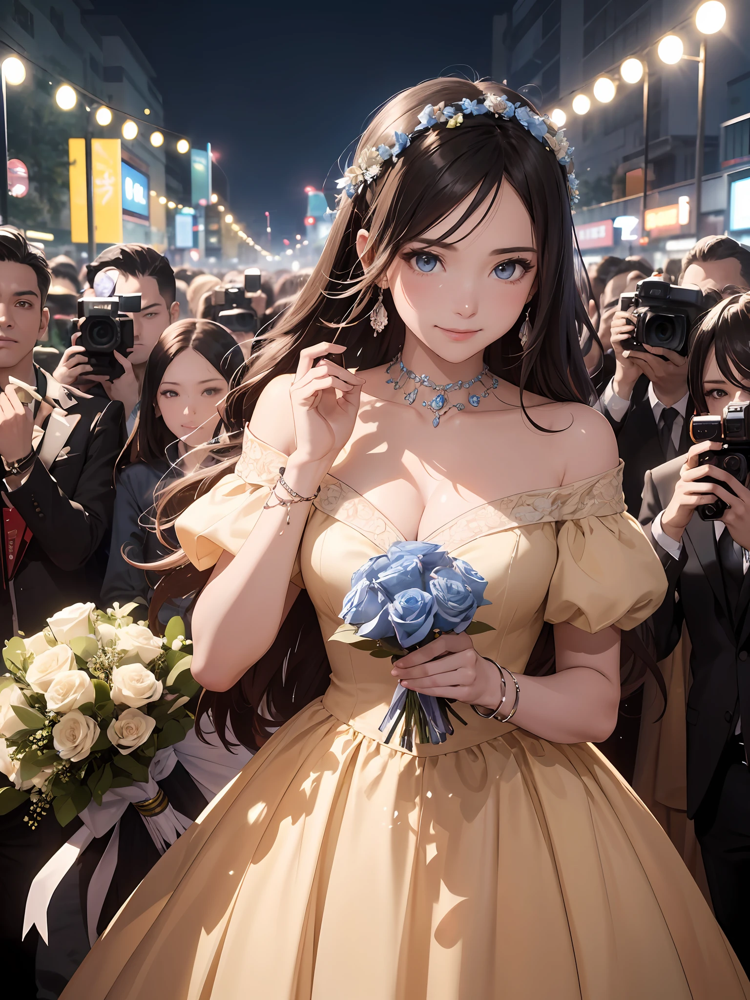 "(Highest image quality),(tmasterpiece),1qirl,Celebrity,Look at the screen,Holding a bouquet of blue roses,((ssmile)),Powerful aura,In the spotlight,Photo frame around journalist,Intense emotions,Gorgeous evening dress long dress,take up close,(Background with:Crowd with camera),Top-down view