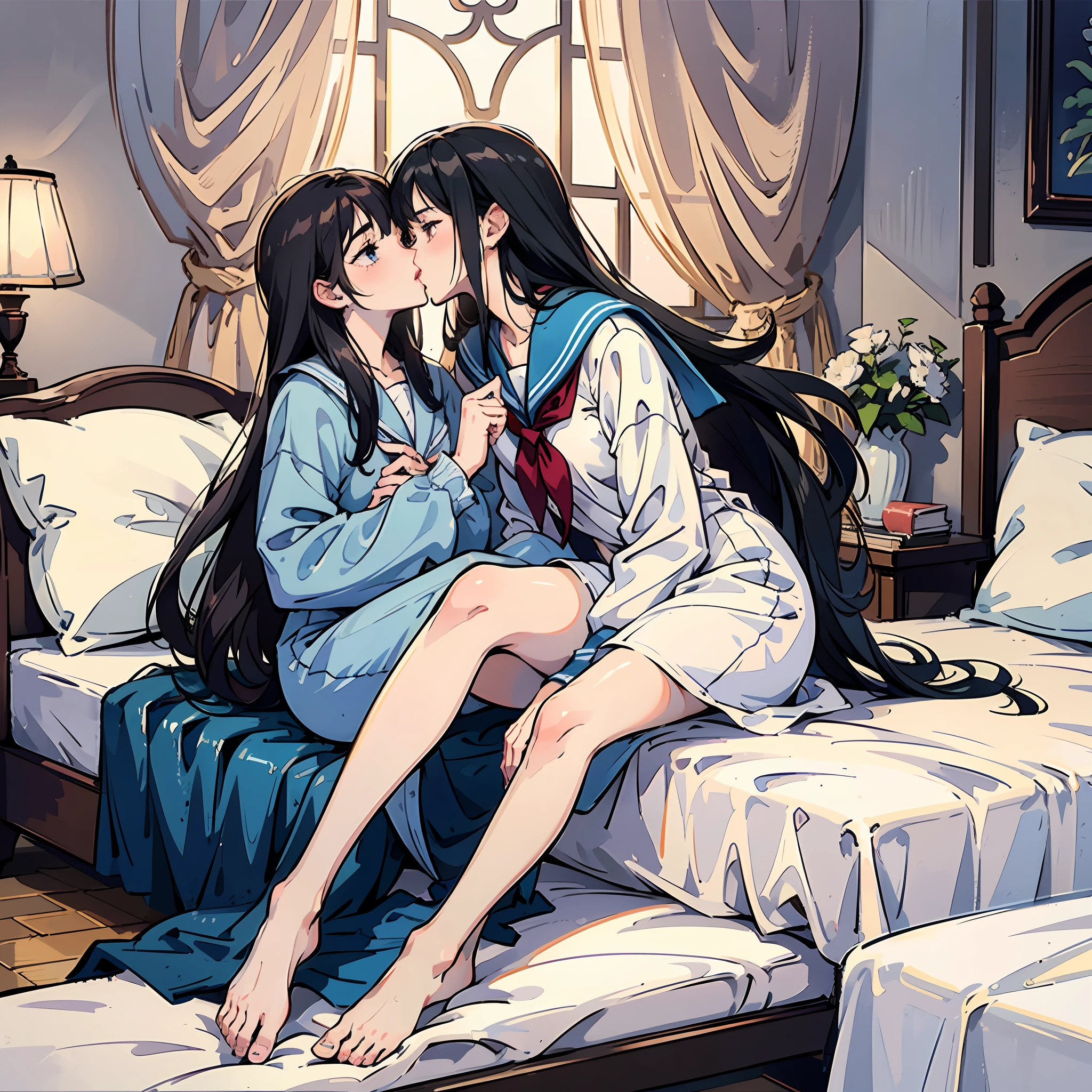 Two girls，17 and 17 years old，White and light blue，Delicate，onbed，Barefoot，morning，kiss，Sailor suits and JK costumes --auto