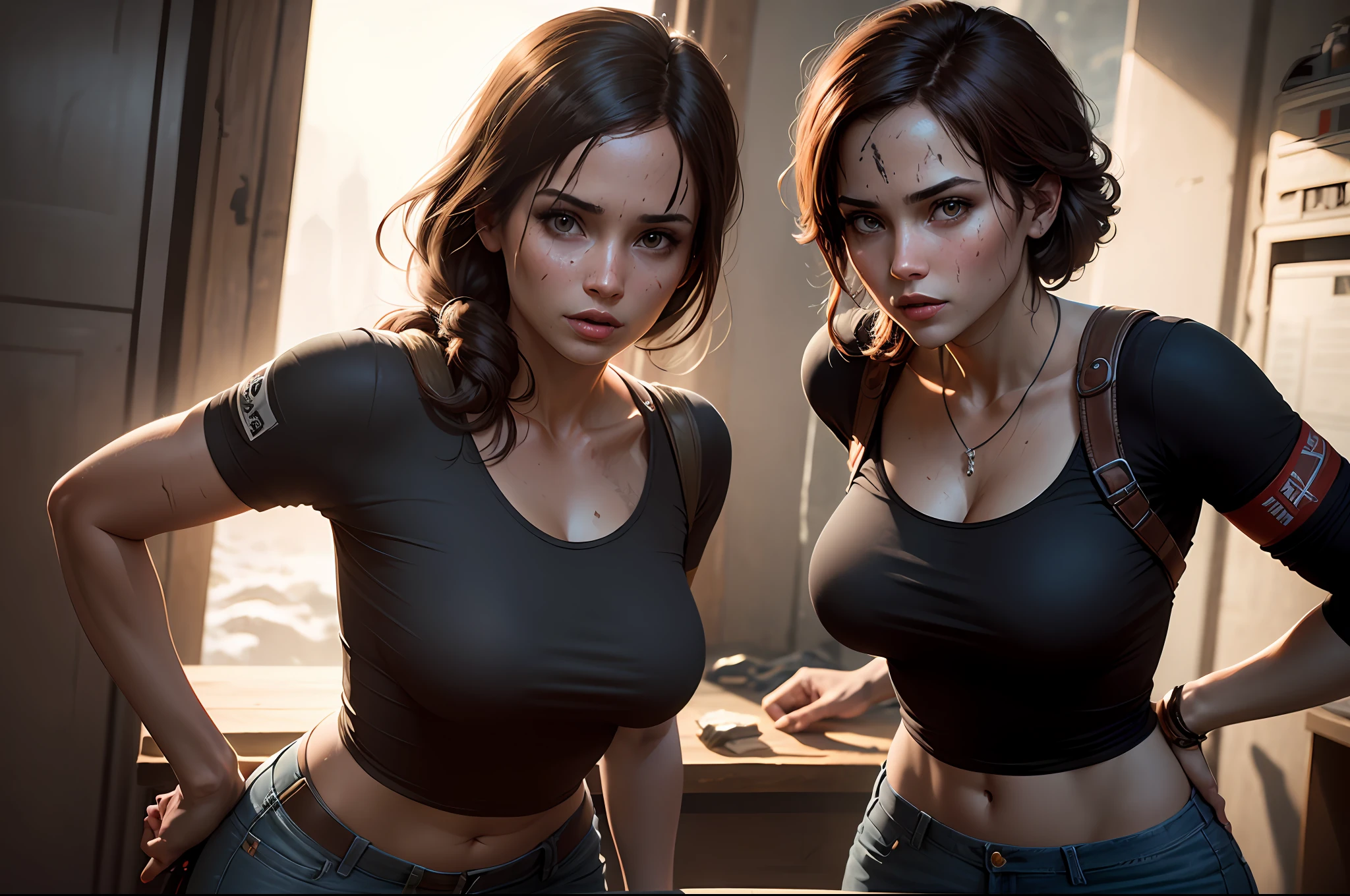 (((8k, Foto RAW, Melhor Qualidade, Obra-Prima: 1.4))), ultra high-resolution, Ultra Detalhado, realista, Mulher jovem aproximadamente 20 anos, cabelos curtos castanhos, olhos azuis, seios pequenos, usando jeans e blusa decotada, Lara Croft em rise of the tomb raider --auto