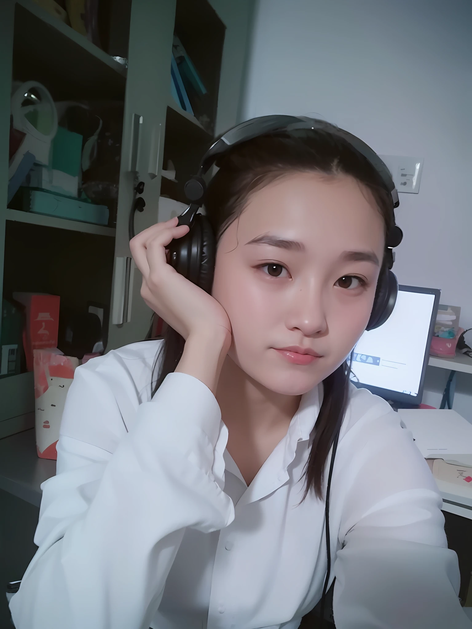 there is a woman with headphones on and a white shirt, xintong chen, with headphone, with headphone, dang my linh, Li Zixin, Xianxia, wenfei ye, zeng fanzh, jinyiwei, Lin Qifeng, profile picture 1024px, Ruan cute vtuber, xision wu, 2 7 years old